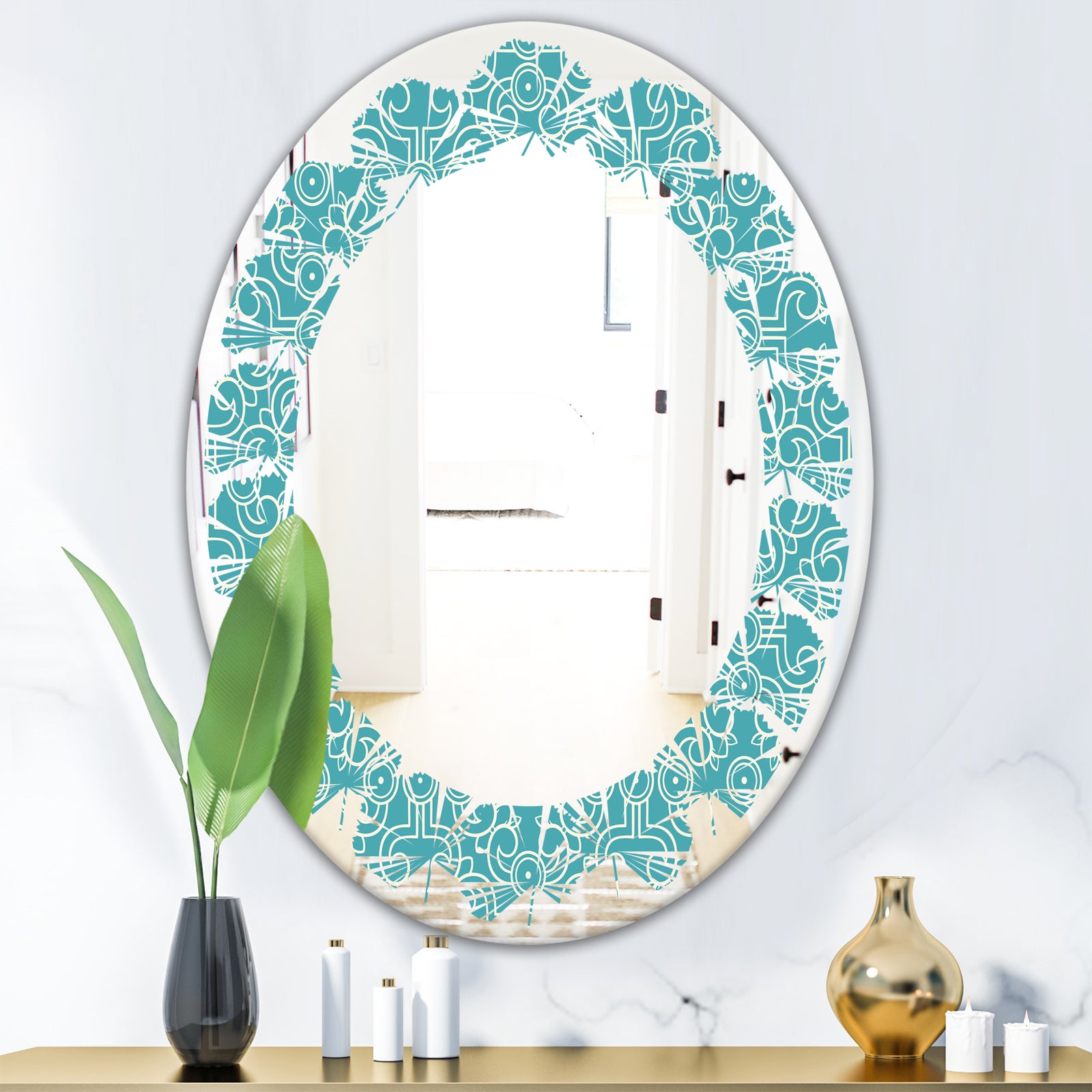 Retro Abstract Pattern Design III - Modern Round or Oval Wall Mirror - Leaves