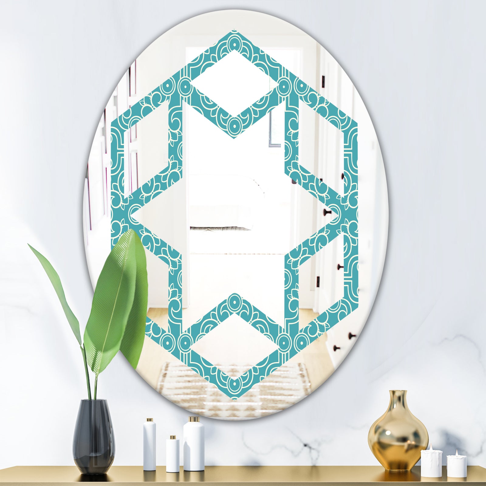 Retro Abstract Pattern Design III - Modern Round or Oval Wall Mirror - Hexagon Star