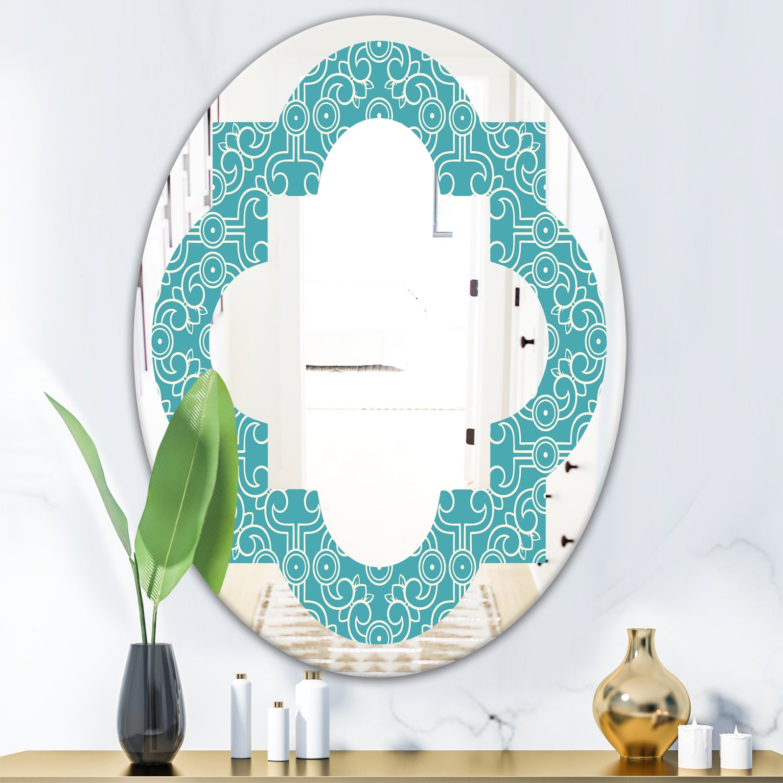 Retro Abstract Pattern Design III - Modern Round or Oval Wall Mirror - Quatrefoil