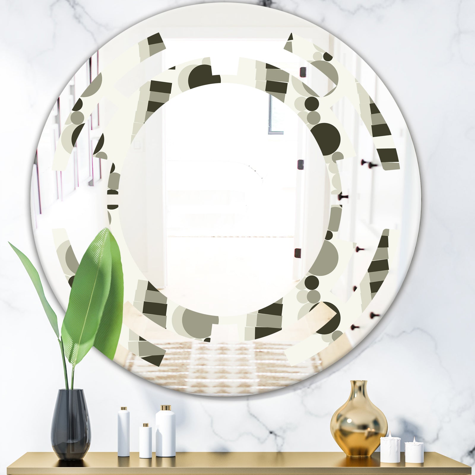 Monochrome Geometric Pattern VI - Modern Round or Oval Wall Mirror - Space