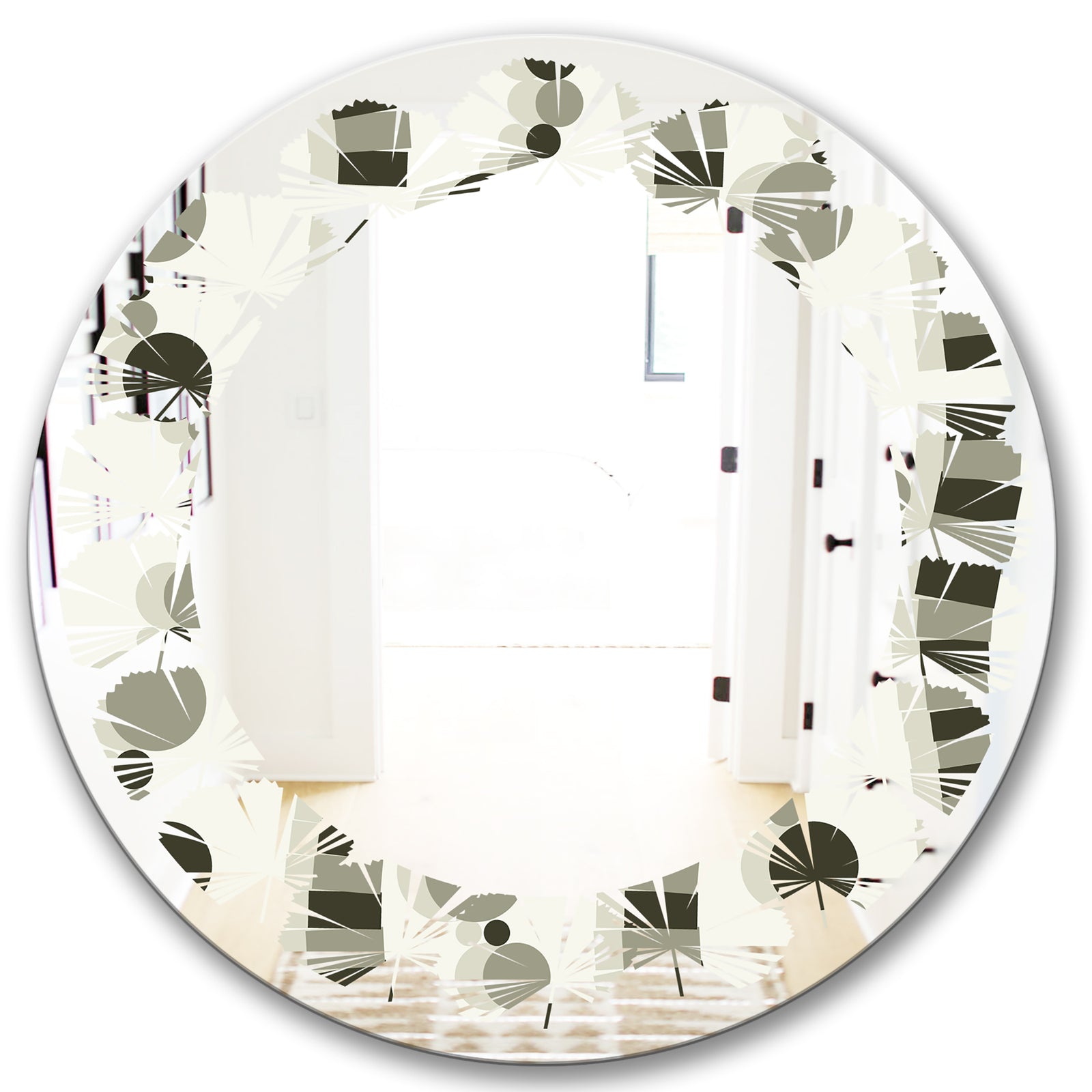 Monochrome Geometric Pattern VI - Modern Round or Oval Wall Mirror - Leaves