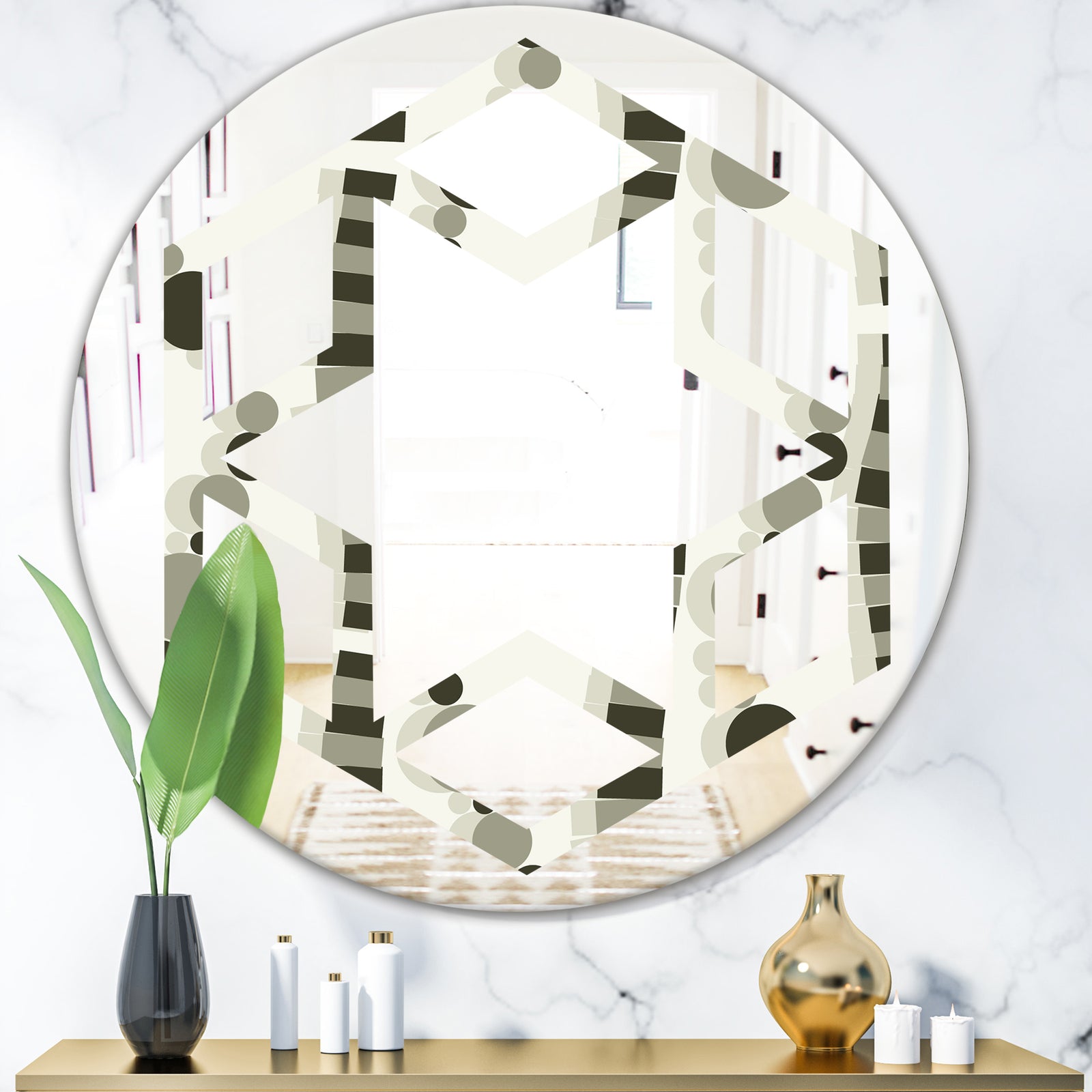 Monochrome Geometric Pattern VI - Modern Round or Oval Wall Mirror - Hexagon Star