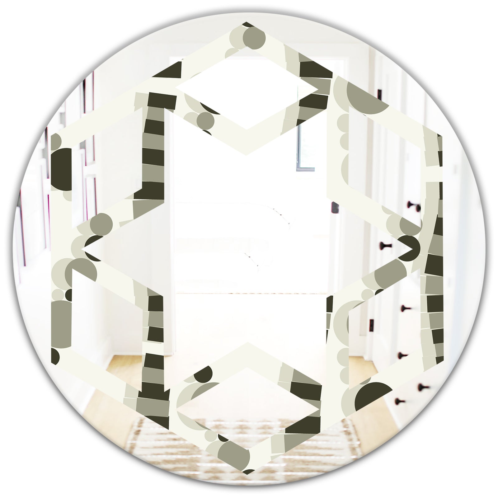 Monochrome Geometric Pattern VI - Modern Round or Oval Wall Mirror - Hexagon Star