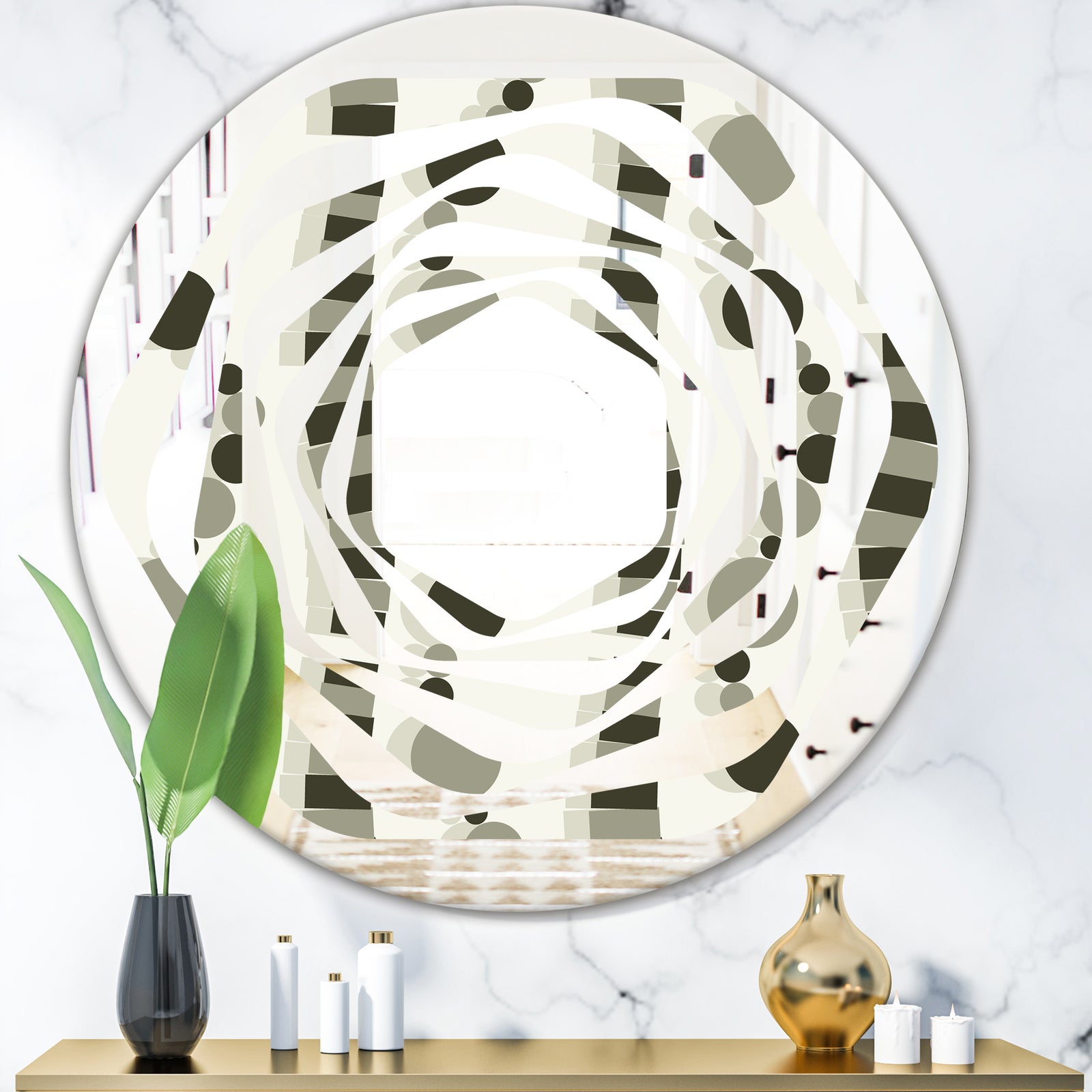 Monochrome Geometric Pattern VI - Modern Round or Oval Wall Mirror - Whirl