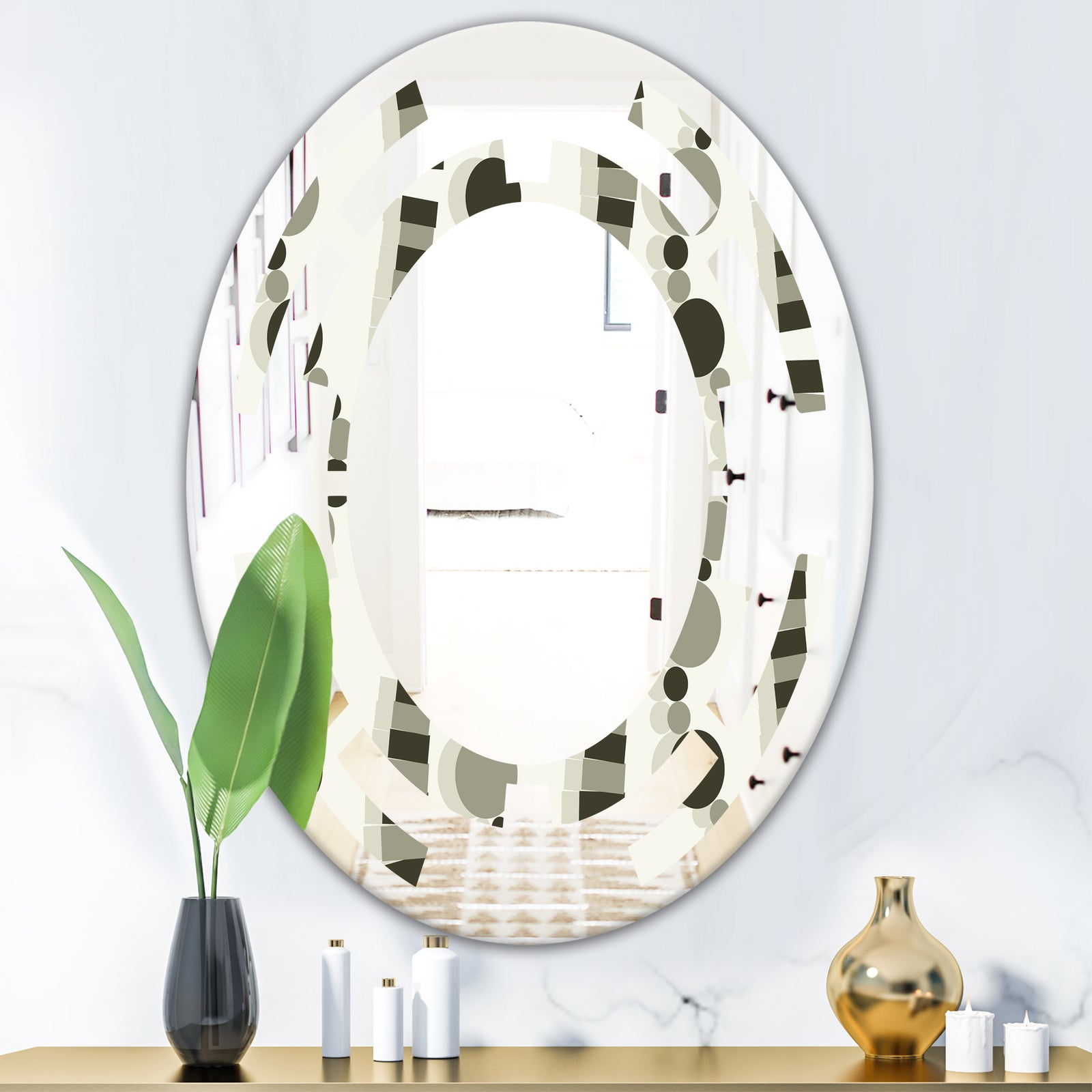 Monochrome Geometric Pattern VI - Modern Round or Oval Wall Mirror - Space