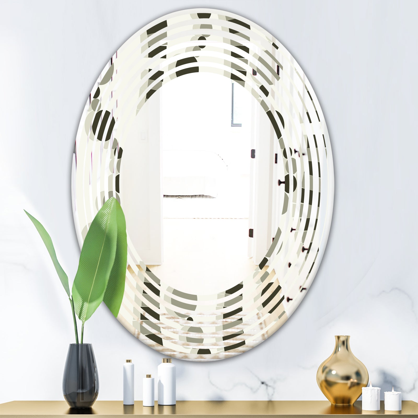 Monochrome Geometric Pattern VI - Modern Round or Oval Wall Mirror - Wave