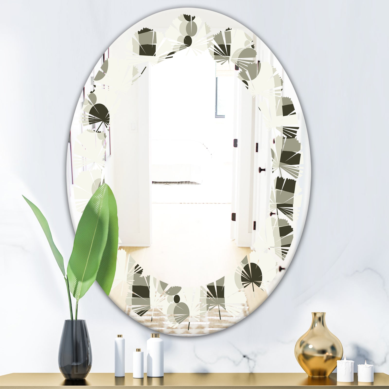 Monochrome Geometric Pattern VI - Modern Round or Oval Wall Mirror - Leaves