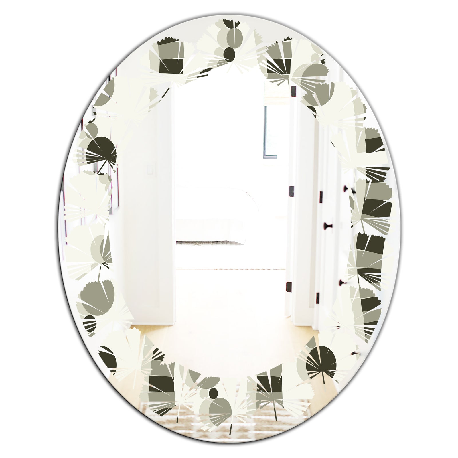 Monochrome Geometric Pattern VI - Modern Round or Oval Wall Mirror - Leaves