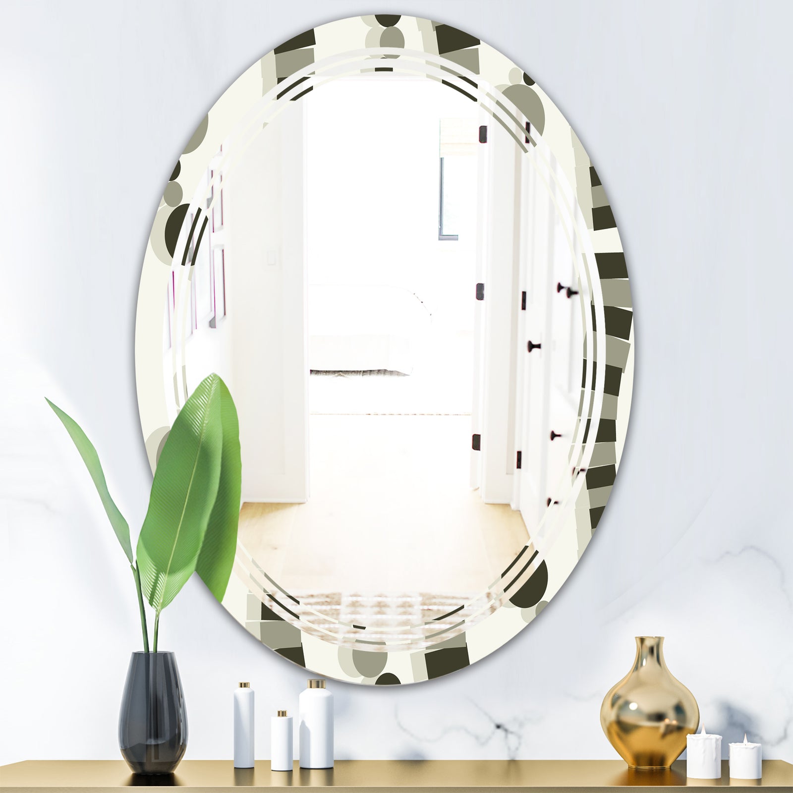Monochrome Geometric Pattern VI - Modern Round or Oval Wall Mirror - Triple C