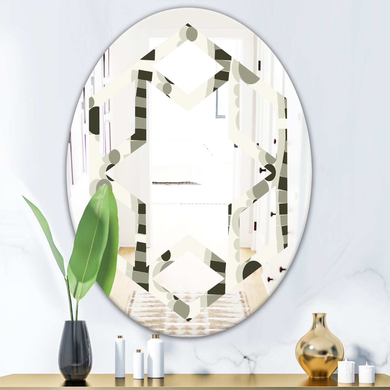 Monochrome Geometric Pattern VI - Modern Round or Oval Wall Mirror - Hexagon Star