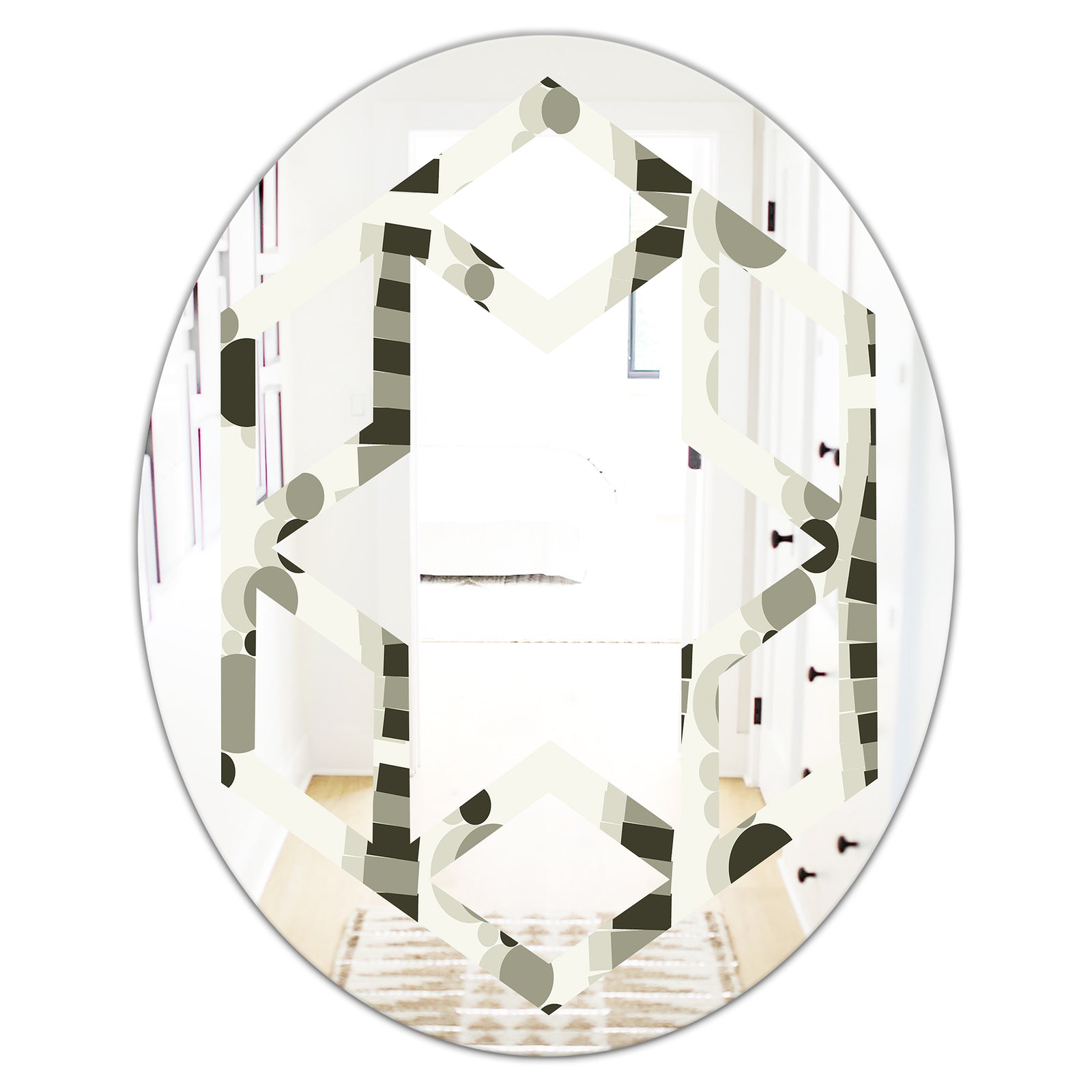 Monochrome Geometric Pattern VI - Modern Round or Oval Wall Mirror - Hexagon Star