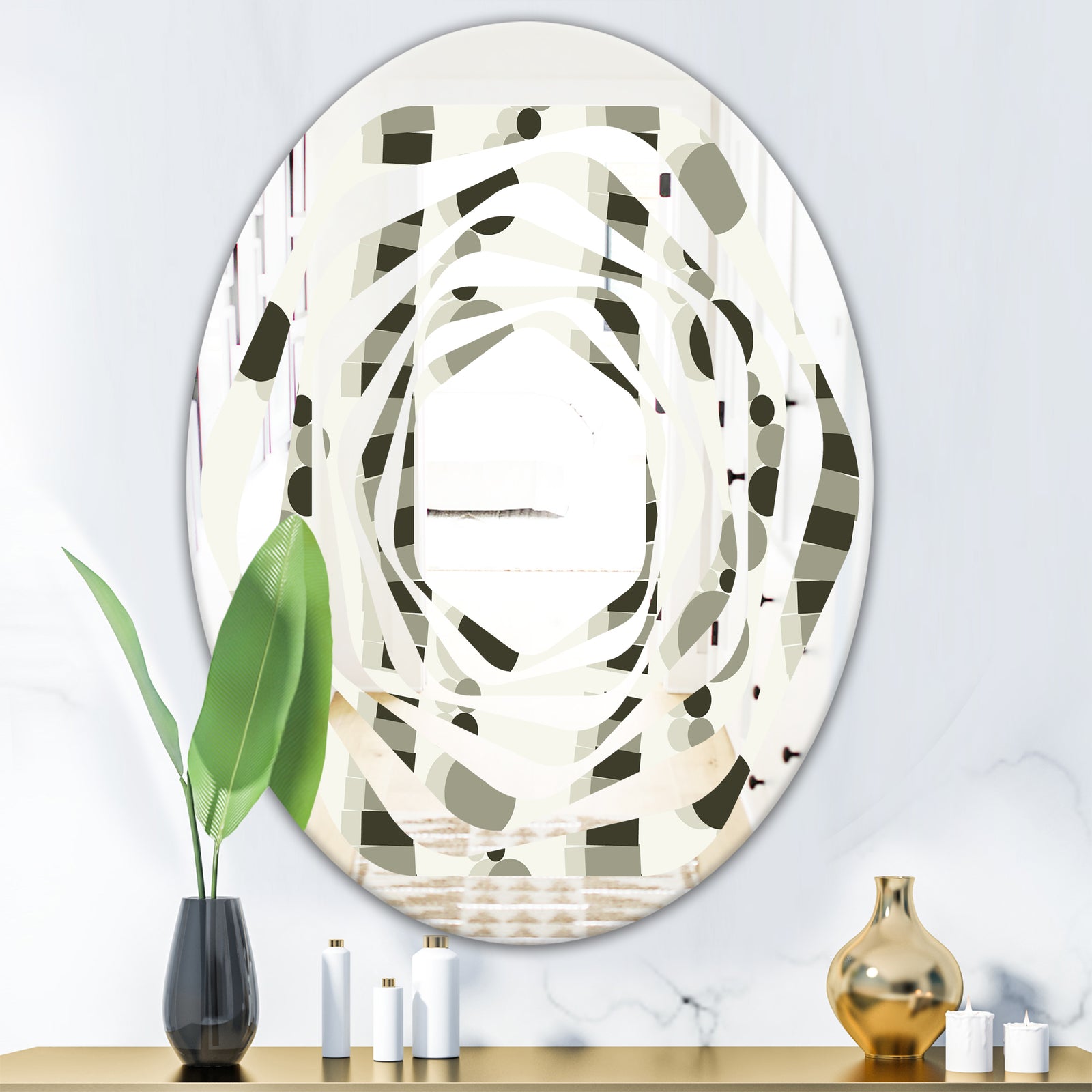 Monochrome Geometric Pattern VI - Modern Round or Oval Wall Mirror - Whirl
