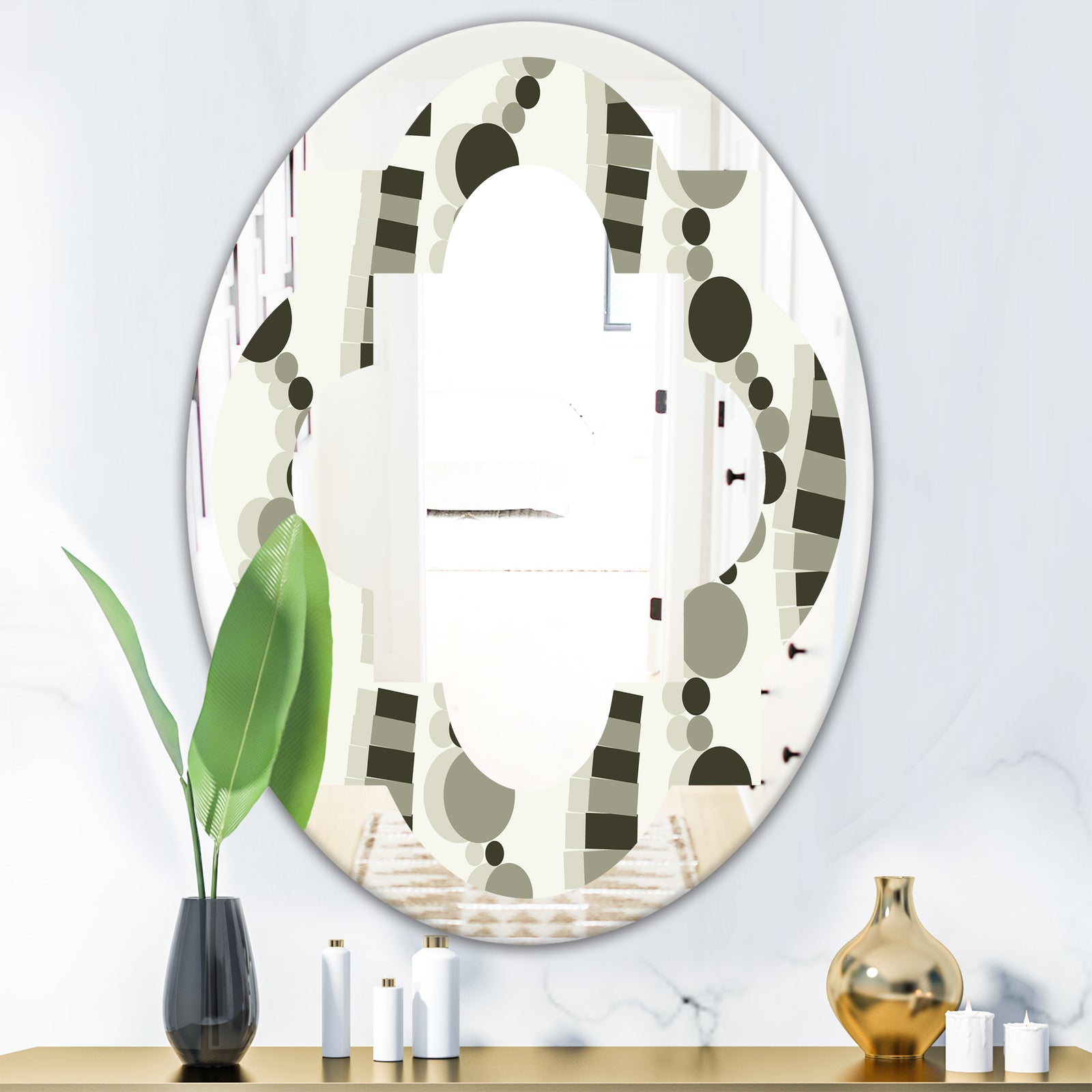 Monochrome Geometric Pattern VI - Modern Round or Oval Wall Mirror - Quatrefoil