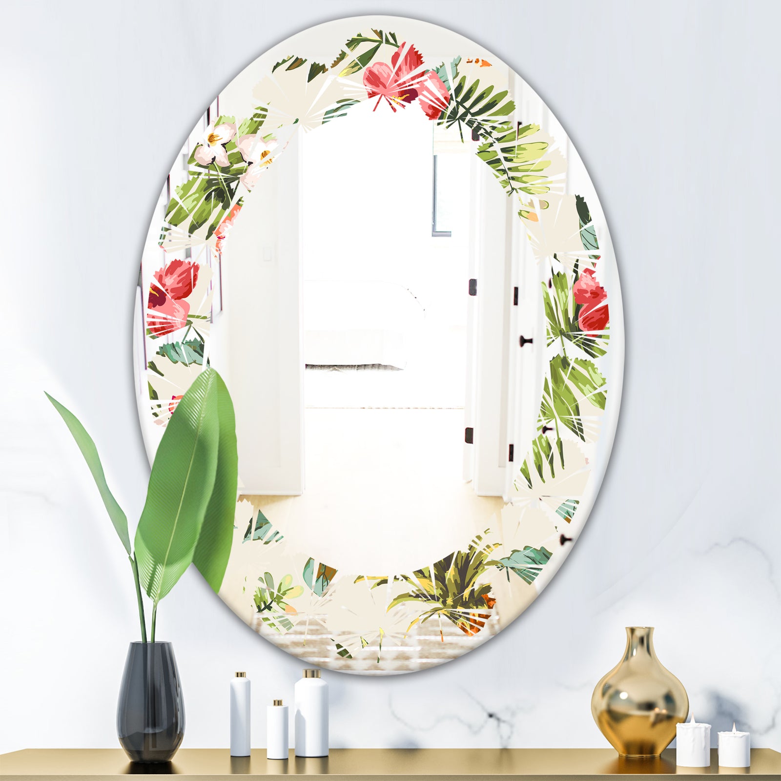 Pineapple Summer Bliss IV - Cottage Round or Oval Wall Mirror - Leaves