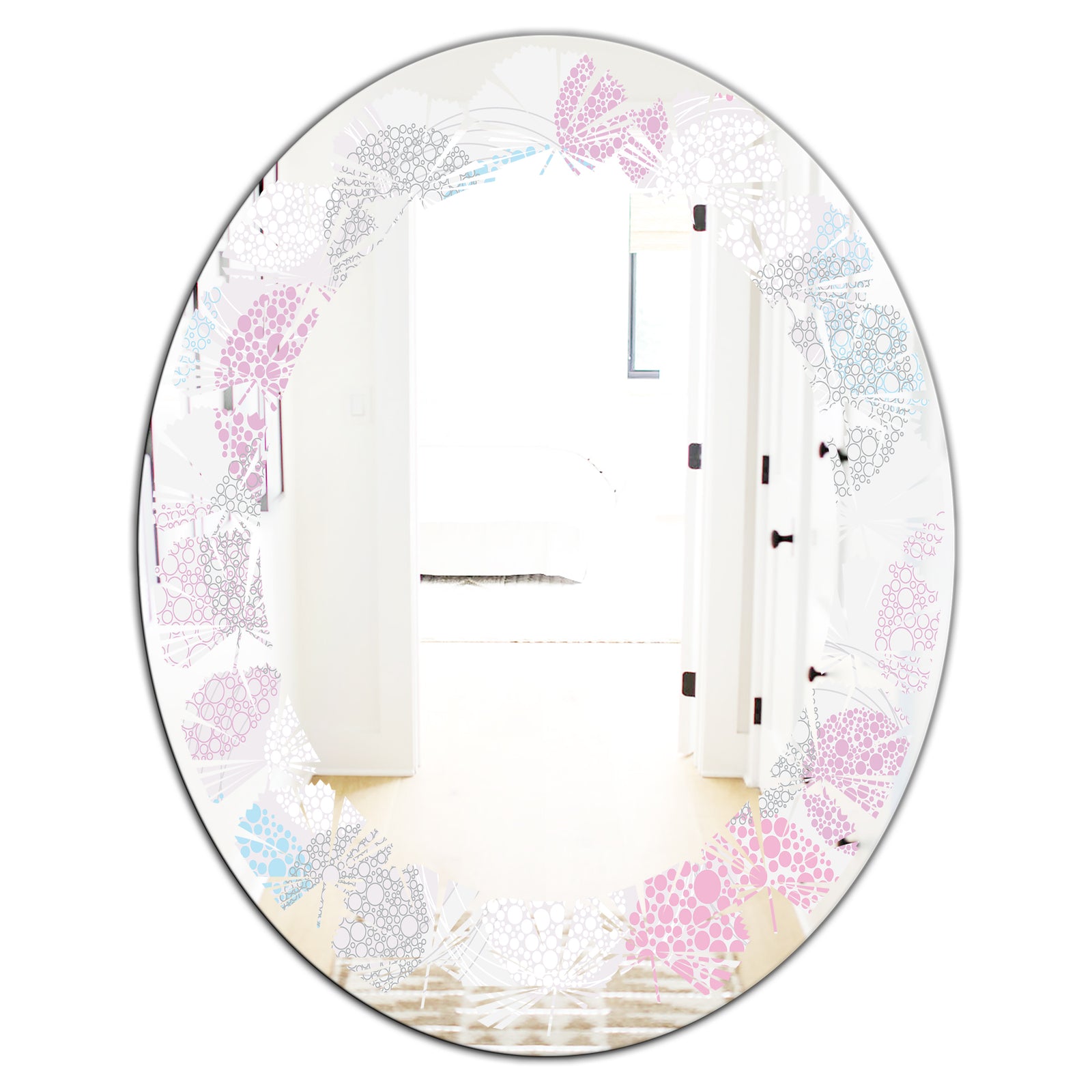 Circular Abstract Retro Geometric III - Modern Round or Oval Wall Mirror - Leaves