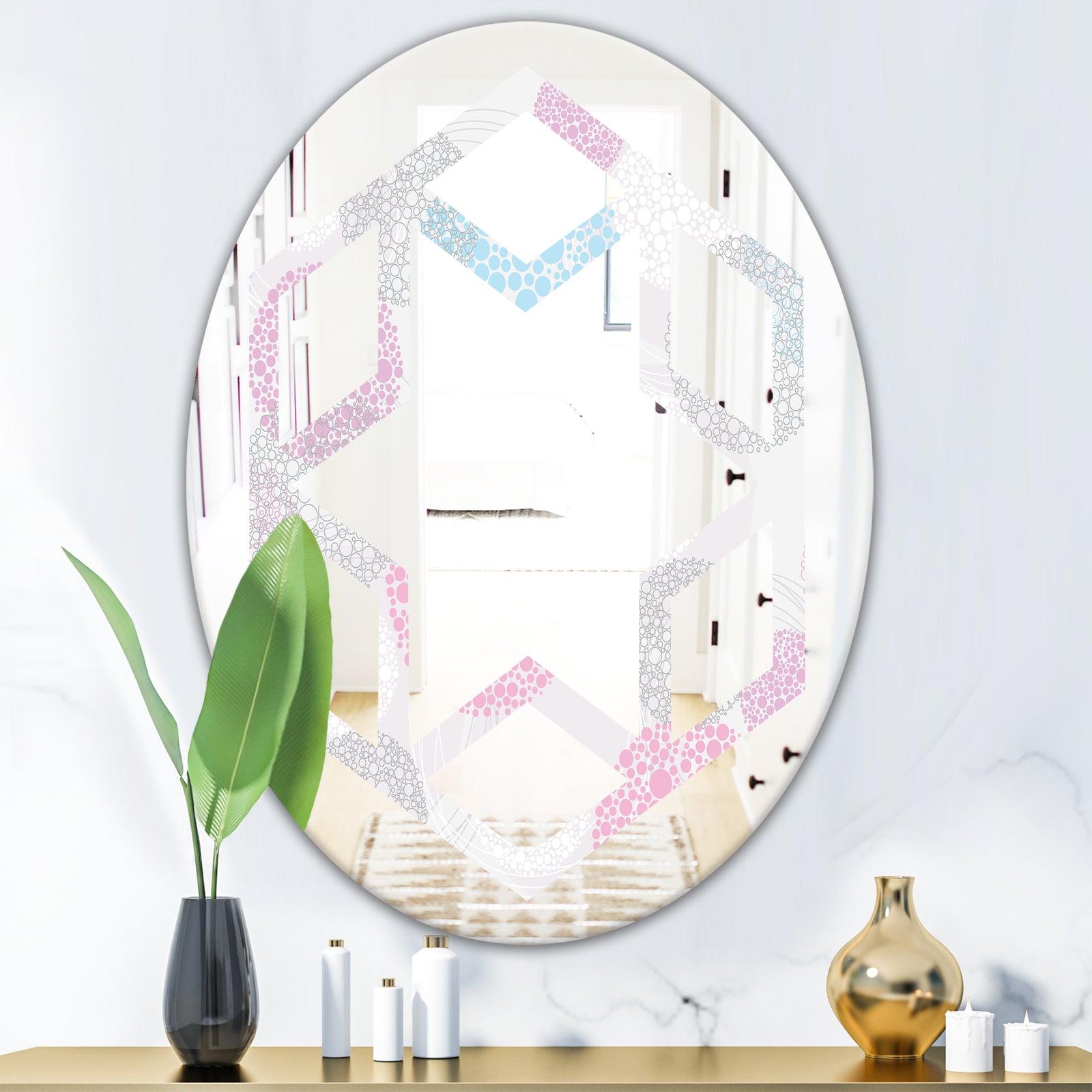 Circular Abstract Retro Geometric III - Modern Round or Oval Wall Mirror - Hexagon Star