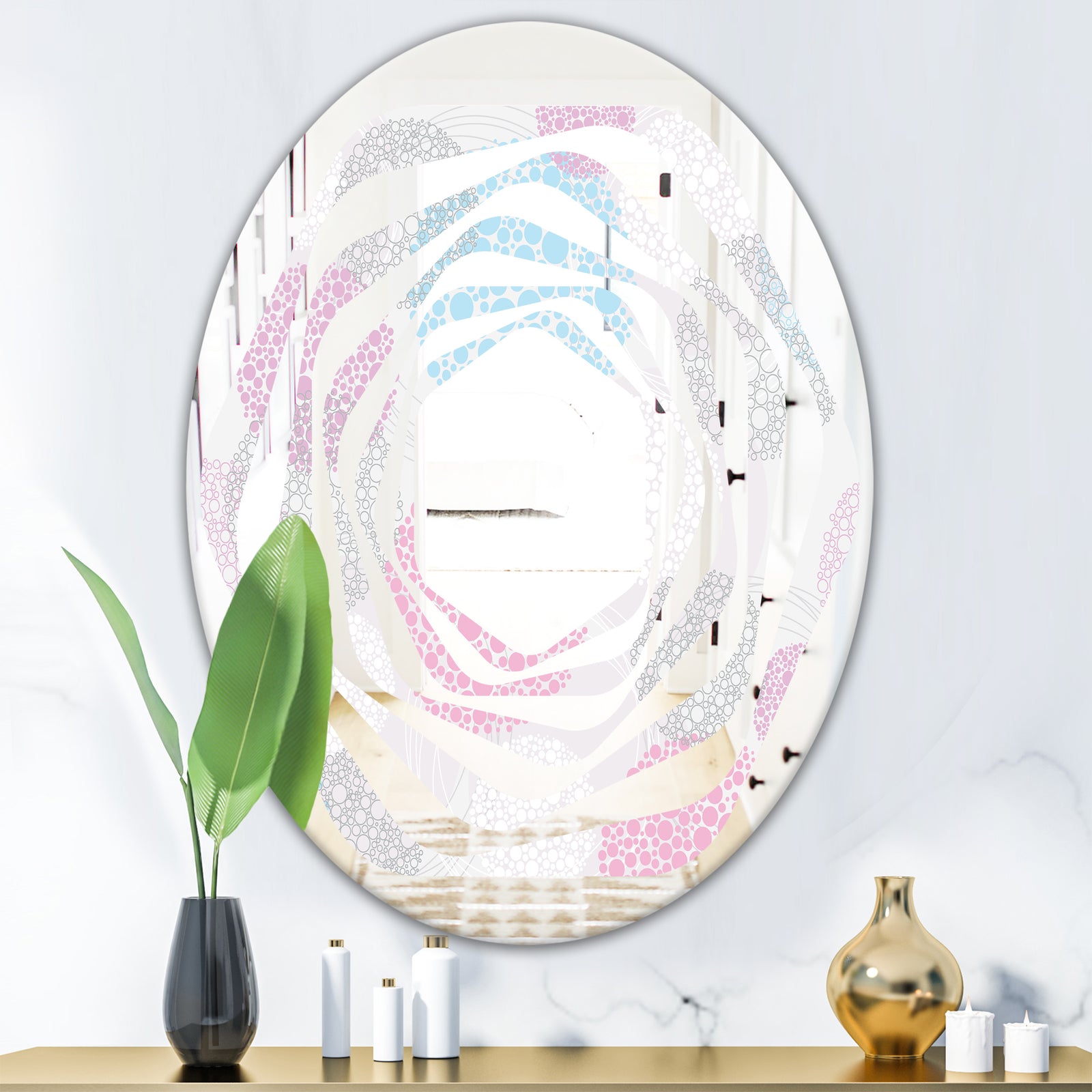 Circular Abstract Retro Geometric III - Modern Round or Oval Wall Mirror - Whirl