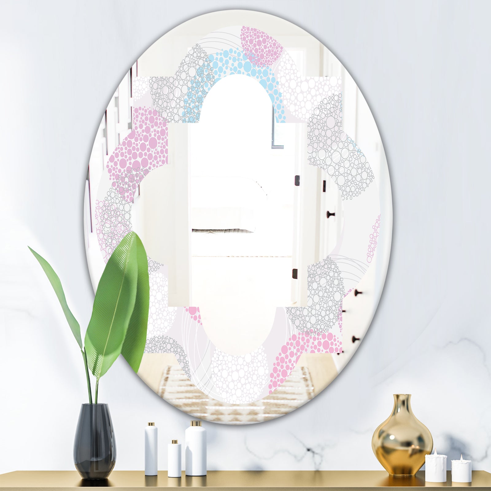 Circular Abstract Retro Geometric III - Modern Round or Oval Wall Mirror - Quatrefoil