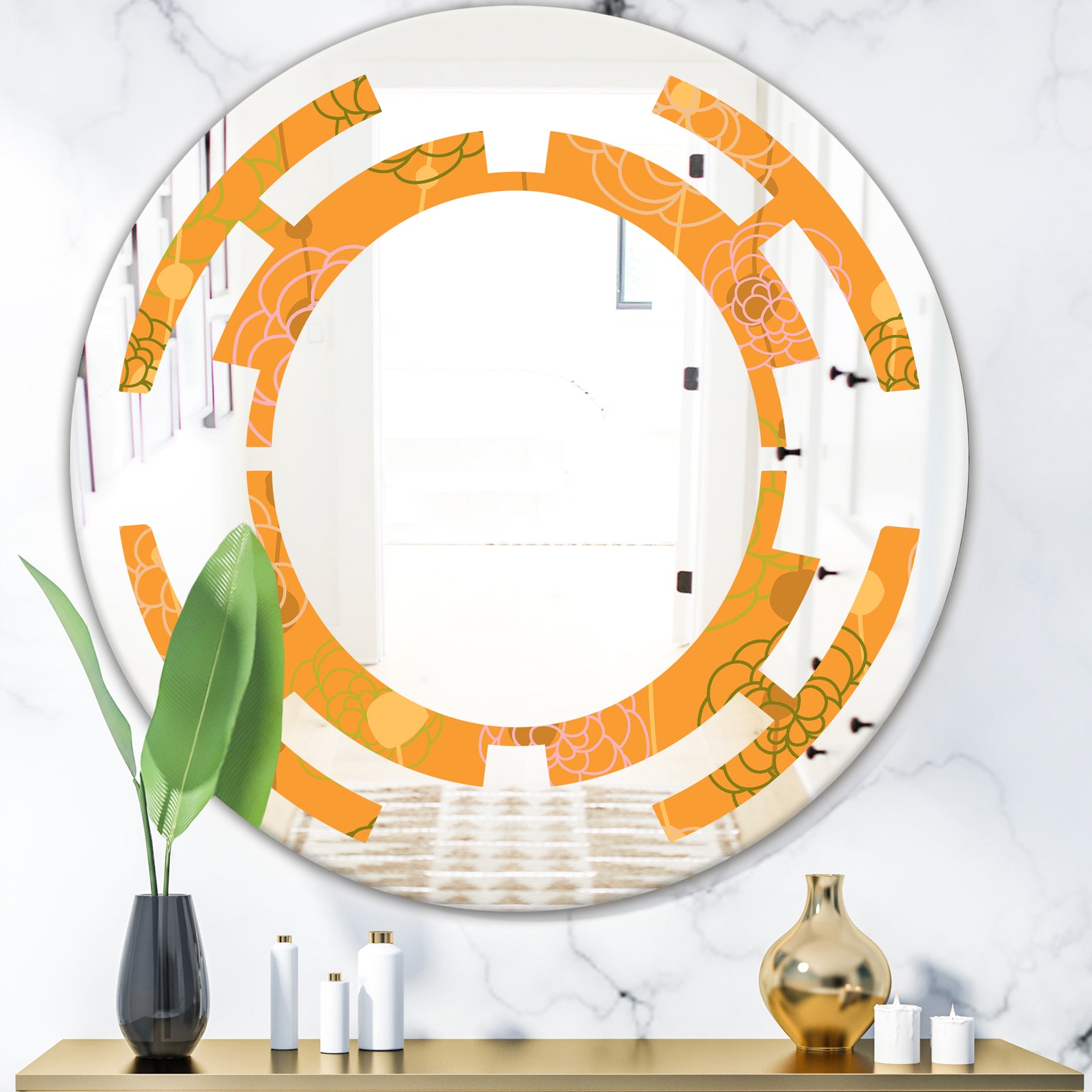 Retro handdrawn flowers III - Modern Round or Oval Wall Mirror - Space