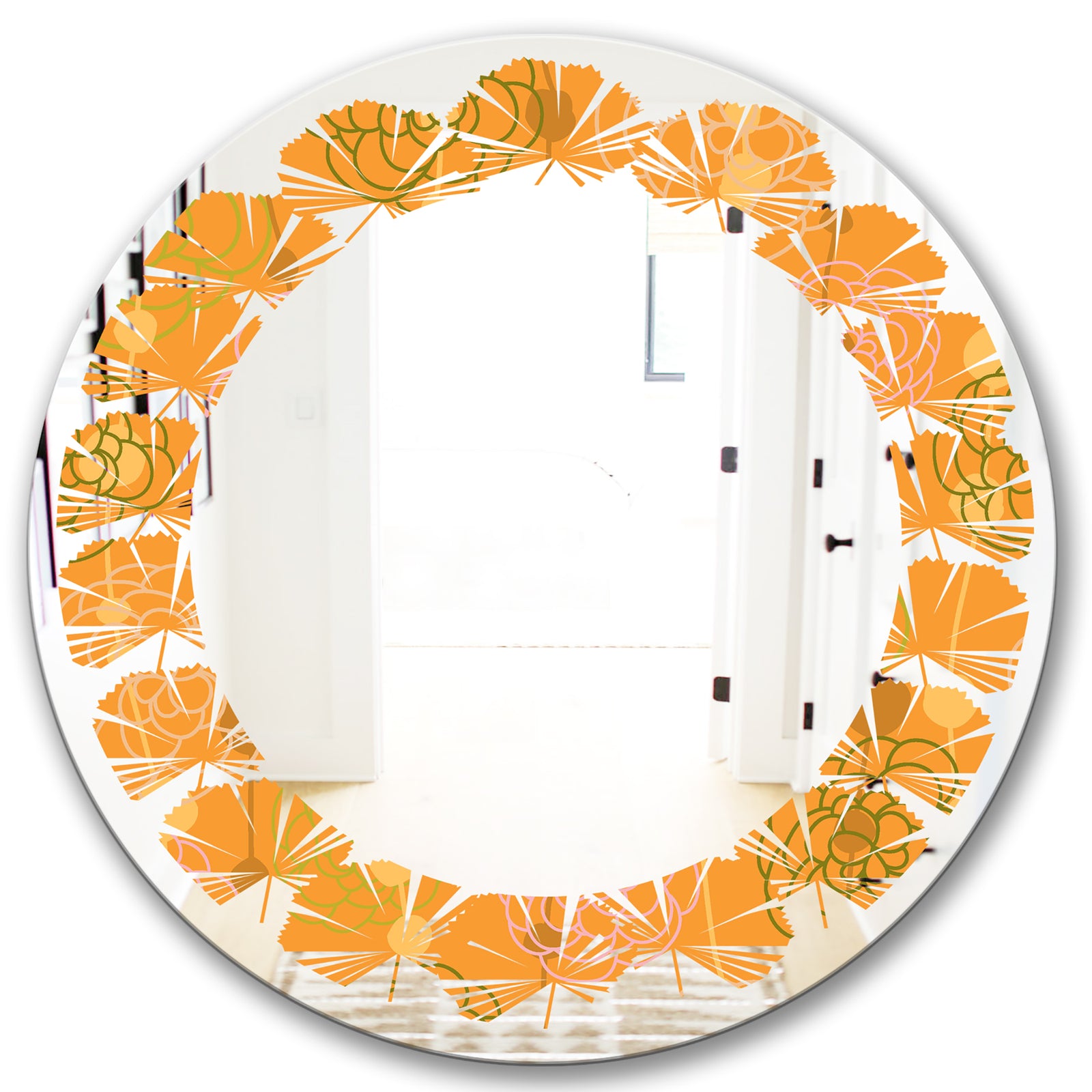 Retro handdrawn flowers III - Modern Round or Oval Wall Mirror - Leaves
