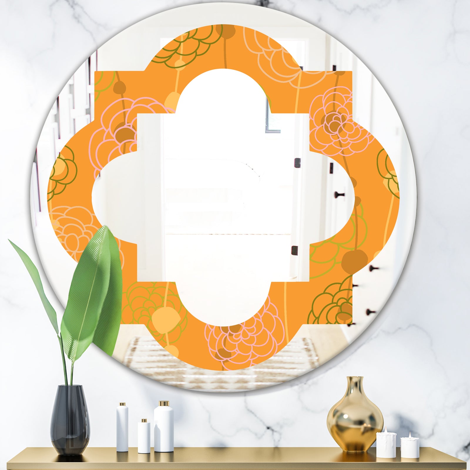 Retro handdrawn flowers III - Modern Round or Oval Wall Mirror - Quatrefoil