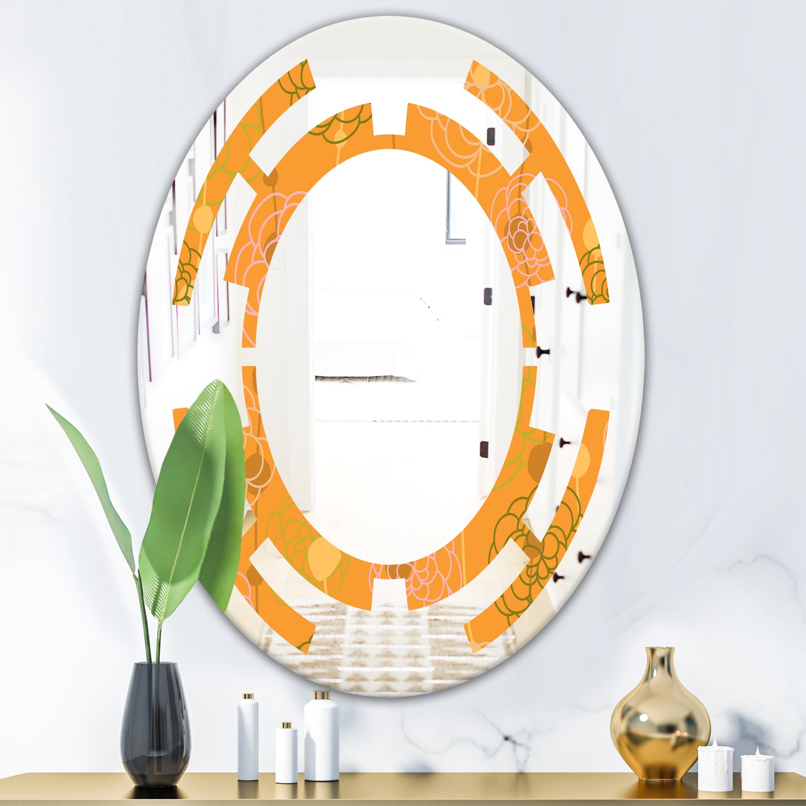 Retro handdrawn flowers III - Modern Round or Oval Wall Mirror - Space