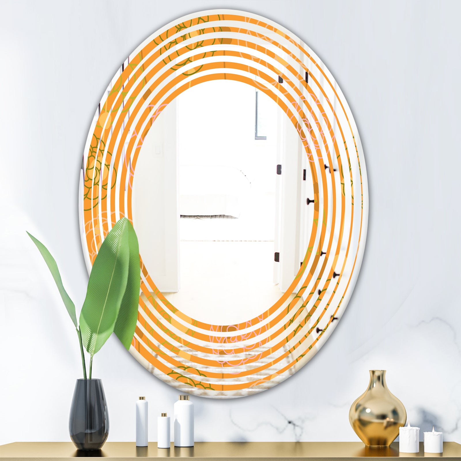 Retro handdrawn flowers III - Modern Round or Oval Wall Mirror - Wave