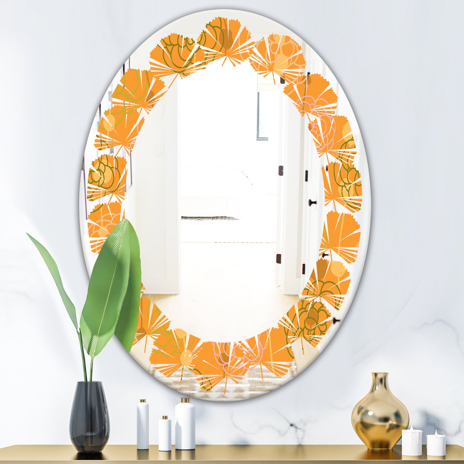 Retro handdrawn flowers III - Modern Round or Oval Wall Mirror - Leaves