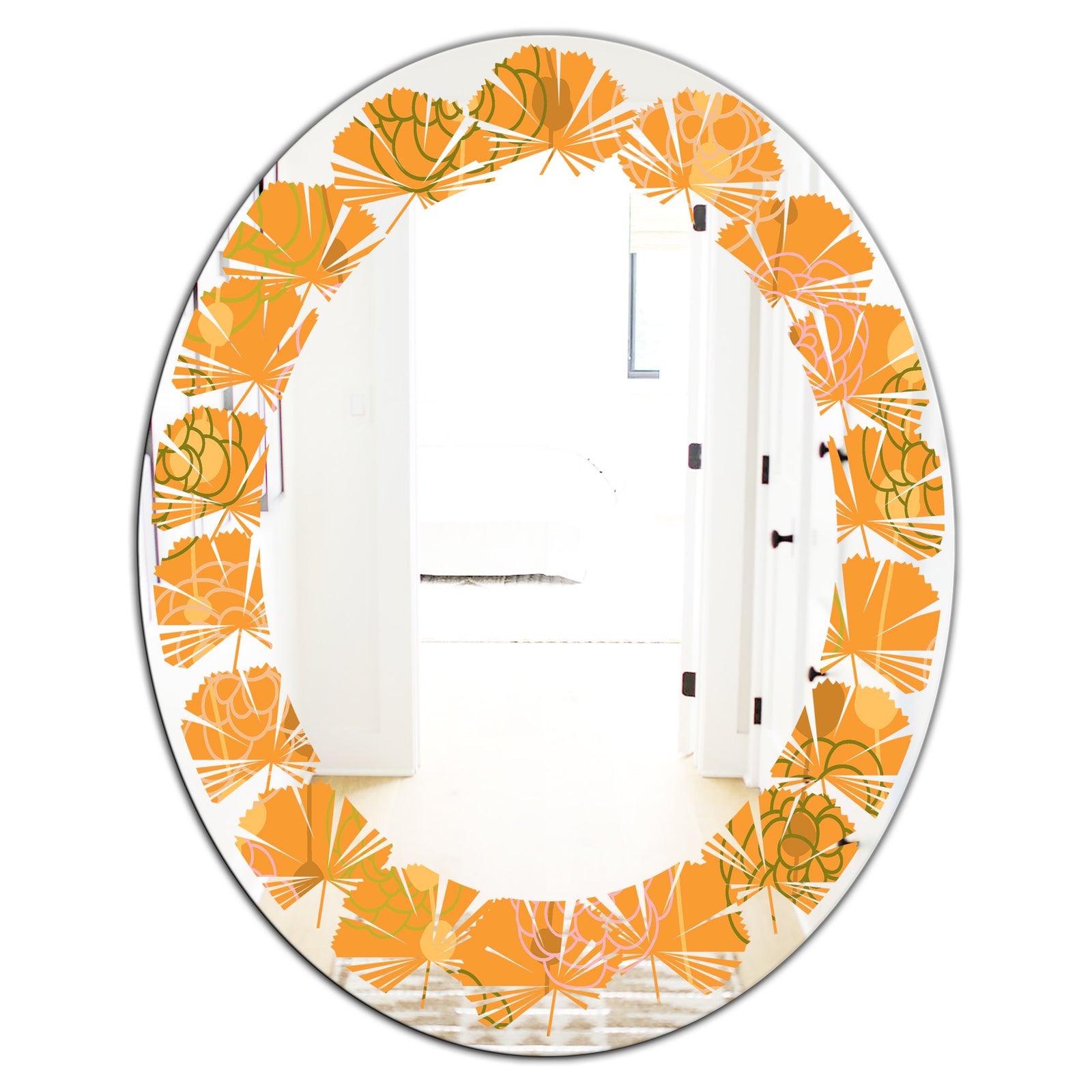 Retro handdrawn flowers III - Modern Round or Oval Wall Mirror - Leaves