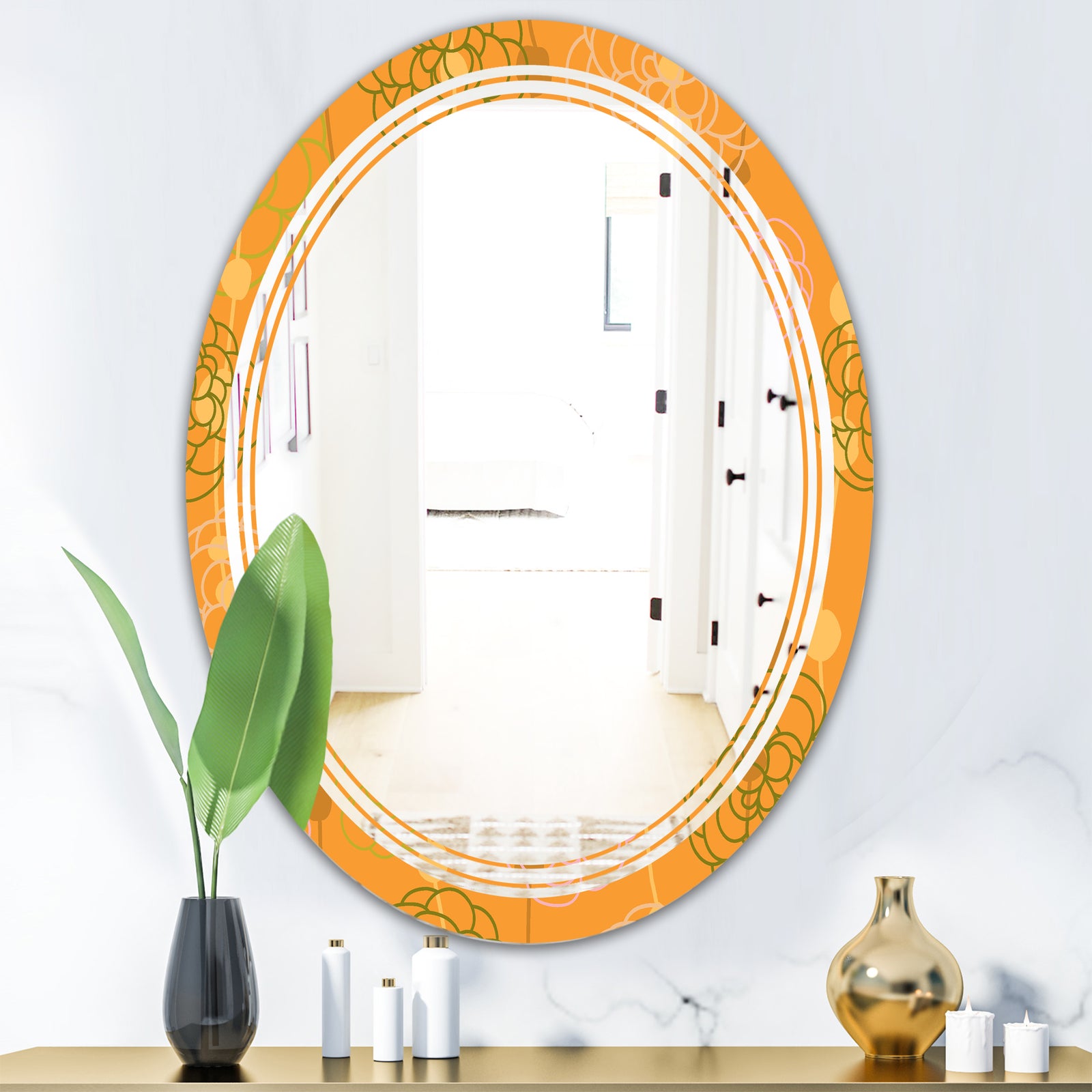 Retro handdrawn flowers III - Modern Round or Oval Wall Mirror - Triple C