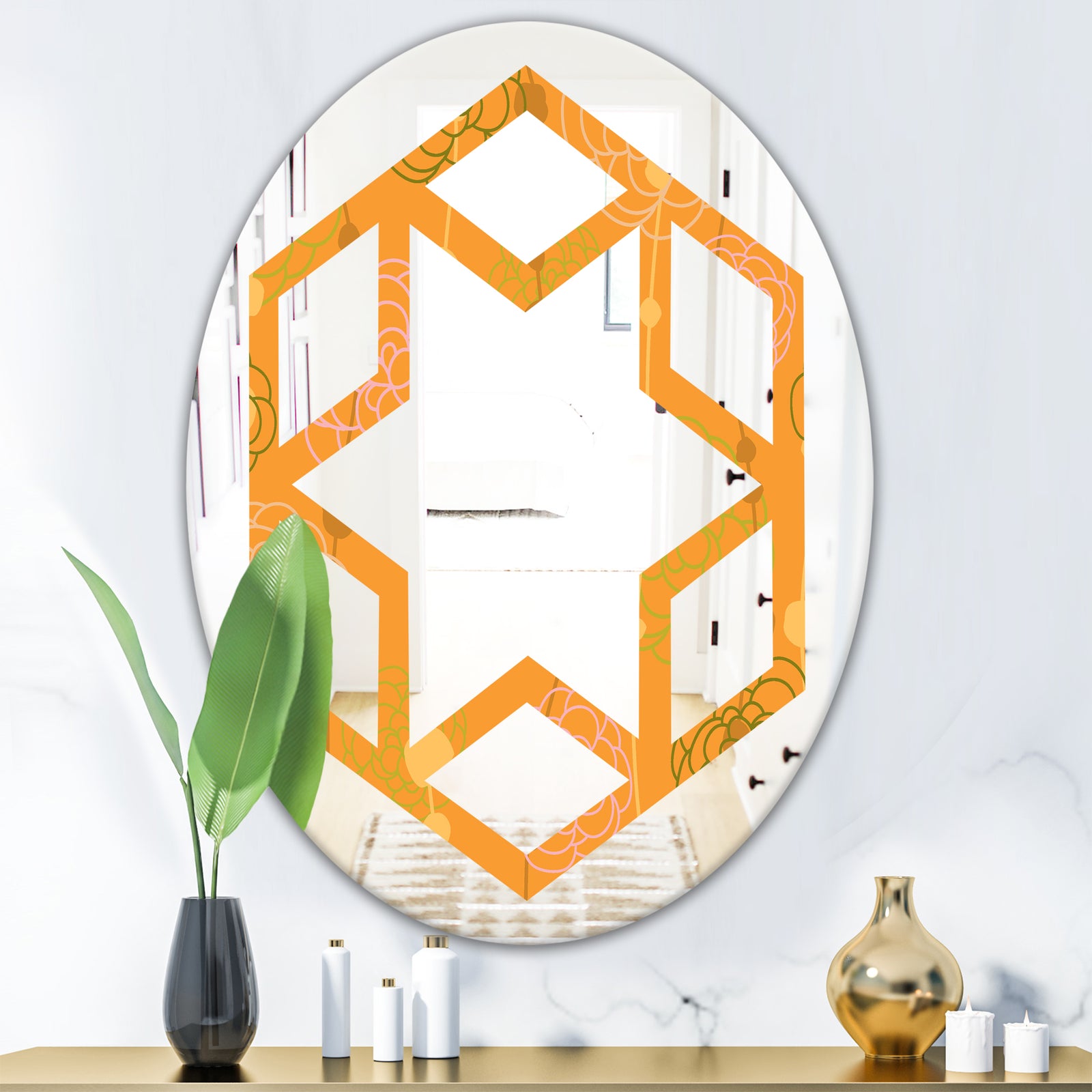 Retro handdrawn flowers III - Modern Round or Oval Wall Mirror - Hexagon Star