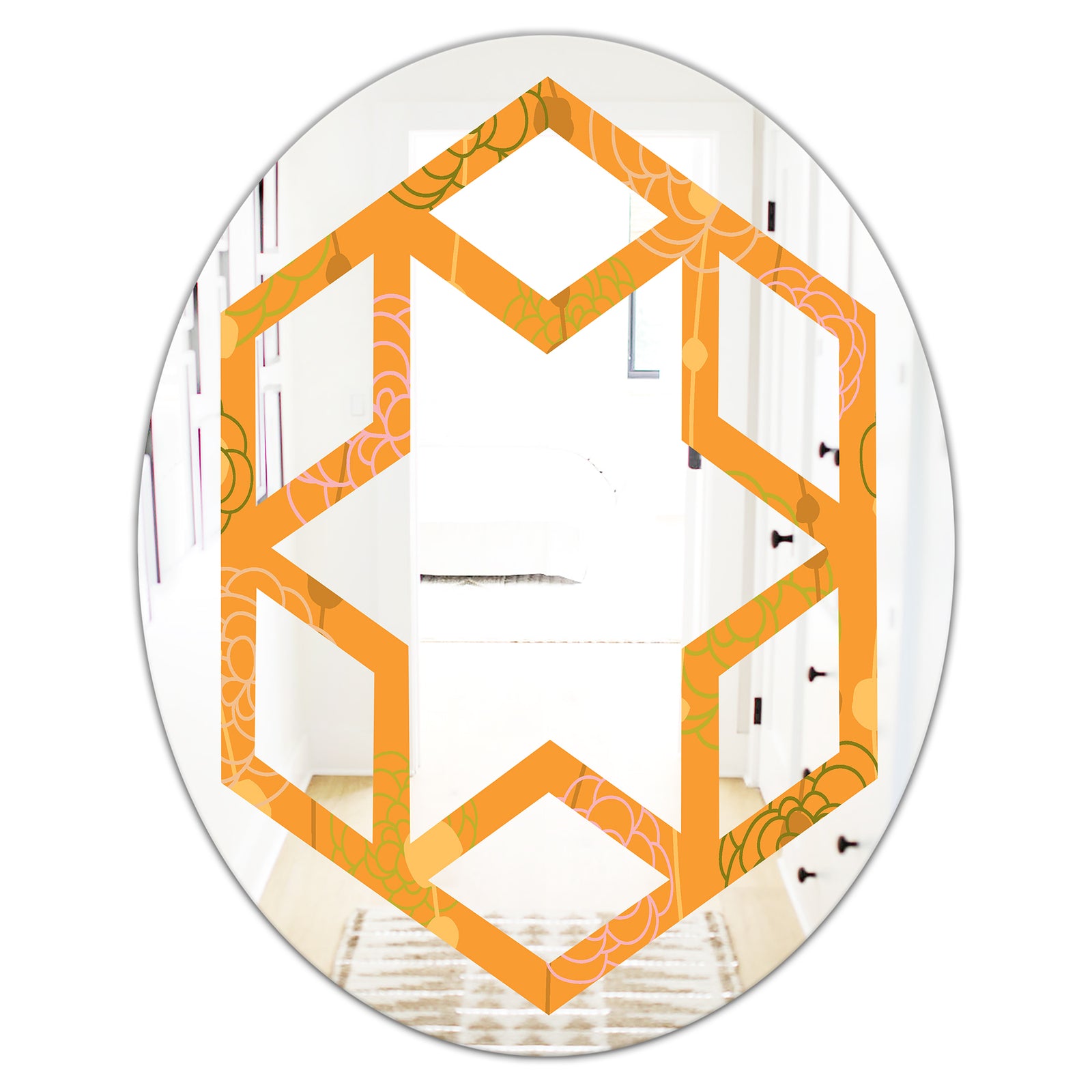 Retro handdrawn flowers III - Modern Round or Oval Wall Mirror - Hexagon Star