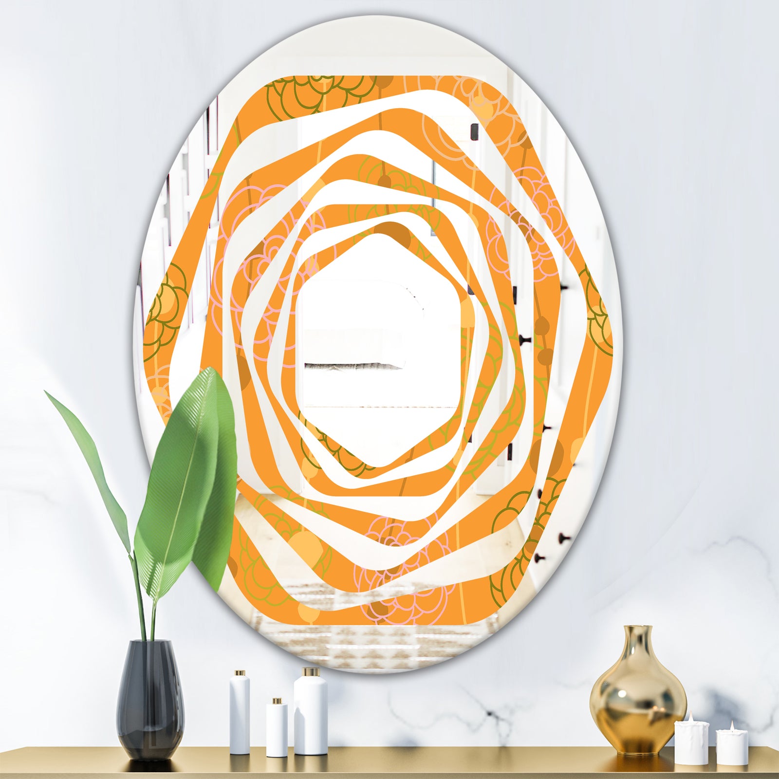 Retro handdrawn flowers III - Modern Round or Oval Wall Mirror - Whirl