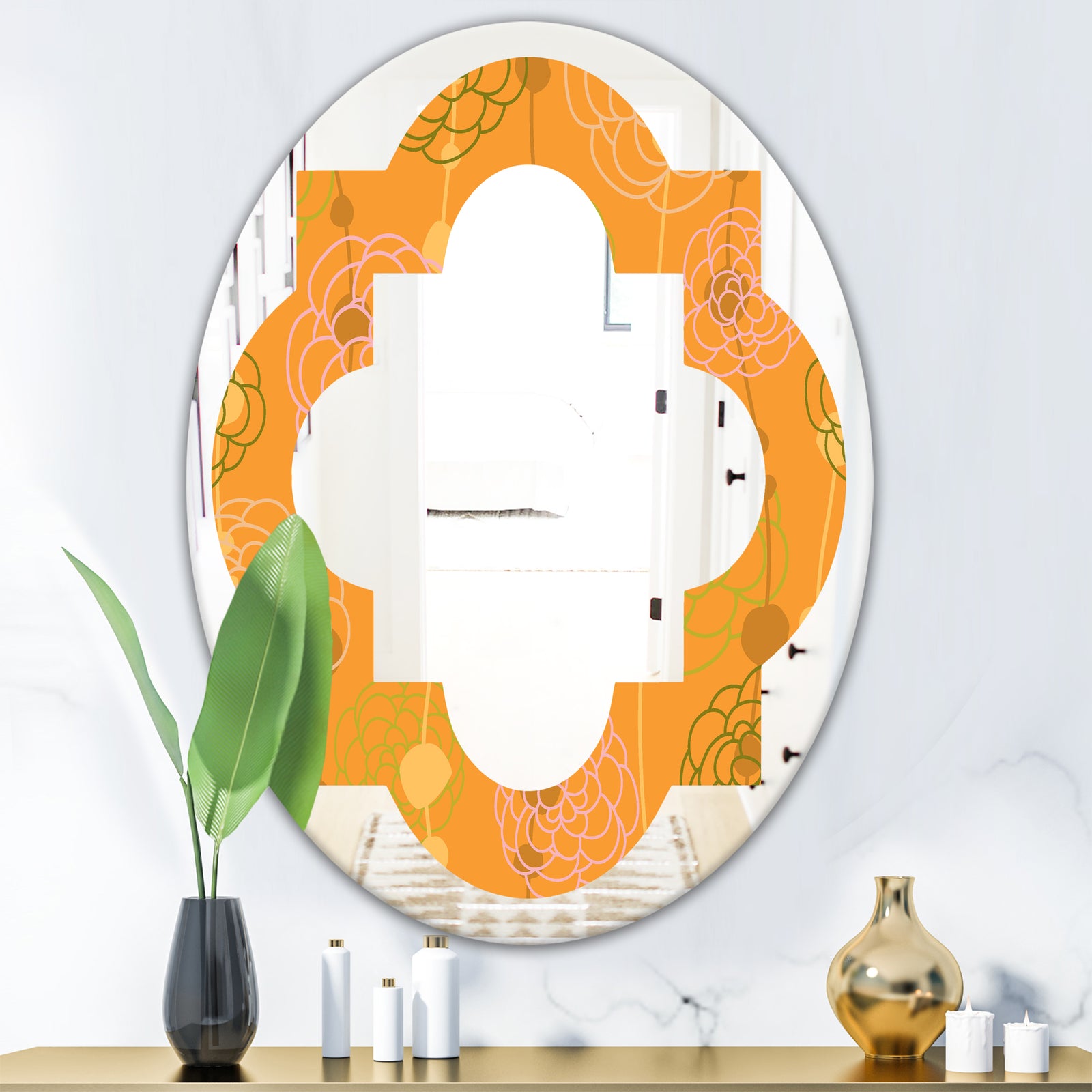 Retro handdrawn flowers III - Modern Round or Oval Wall Mirror - Quatrefoil