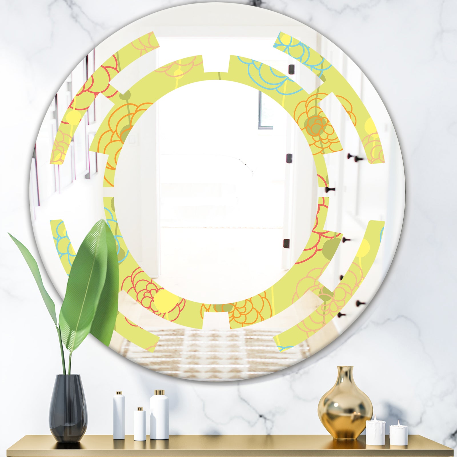 Retro Handdrawn Flowers On Green Background - Modern Round or Oval Wall Mirror - Space
