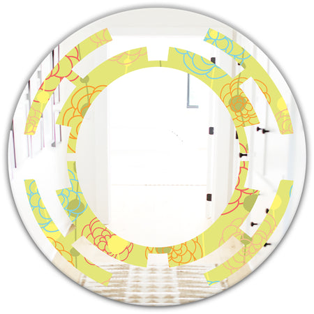 Retro Handdrawn Flowers On Green Background - Modern Round or Oval Wall Mirror - Space