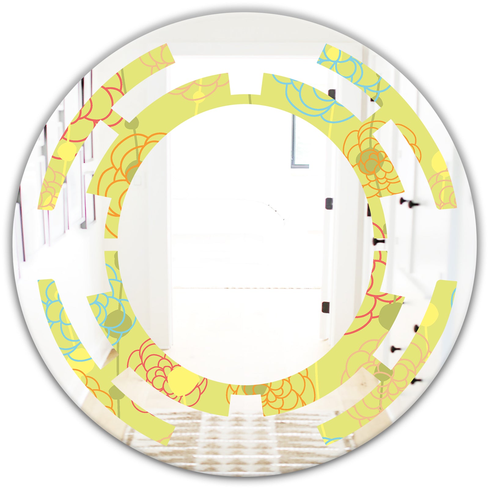 Retro Handdrawn Flowers On Green Background - Modern Round or Oval Wall Mirror - Space