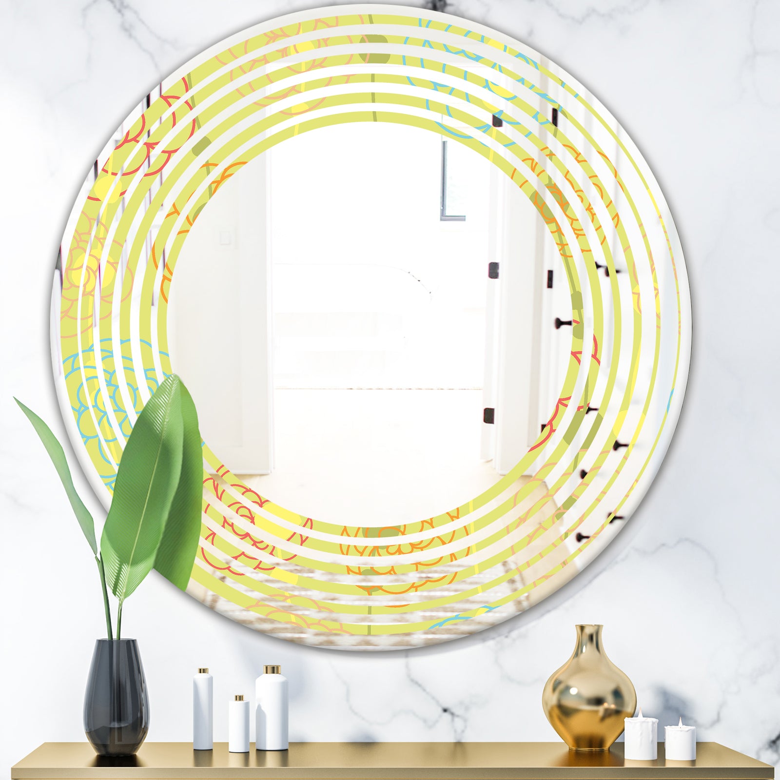 Retro Handdrawn Flowers On Green Background - Modern Round or Oval Wall Mirror - Wave