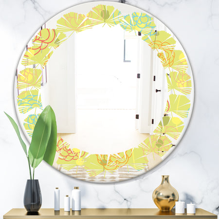 Retro Handdrawn Flowers On Green Background - Modern Round or Oval Wall Mirror - Leaves