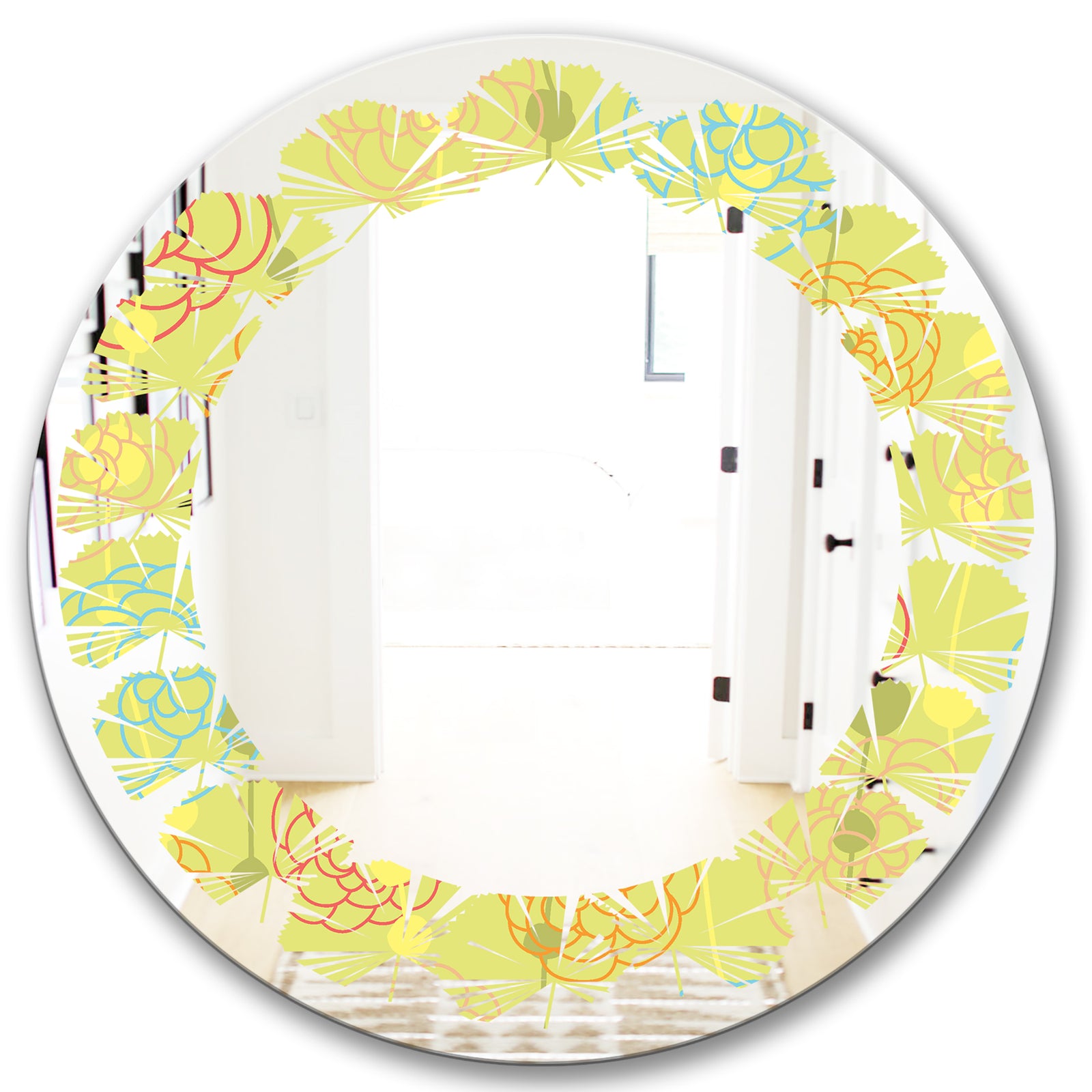 Retro Handdrawn Flowers On Green Background - Modern Round or Oval Wall Mirror - Leaves