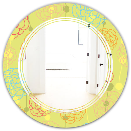 Retro Handdrawn Flowers On Green Background - Modern Round or Oval Wall Mirror - Triple C