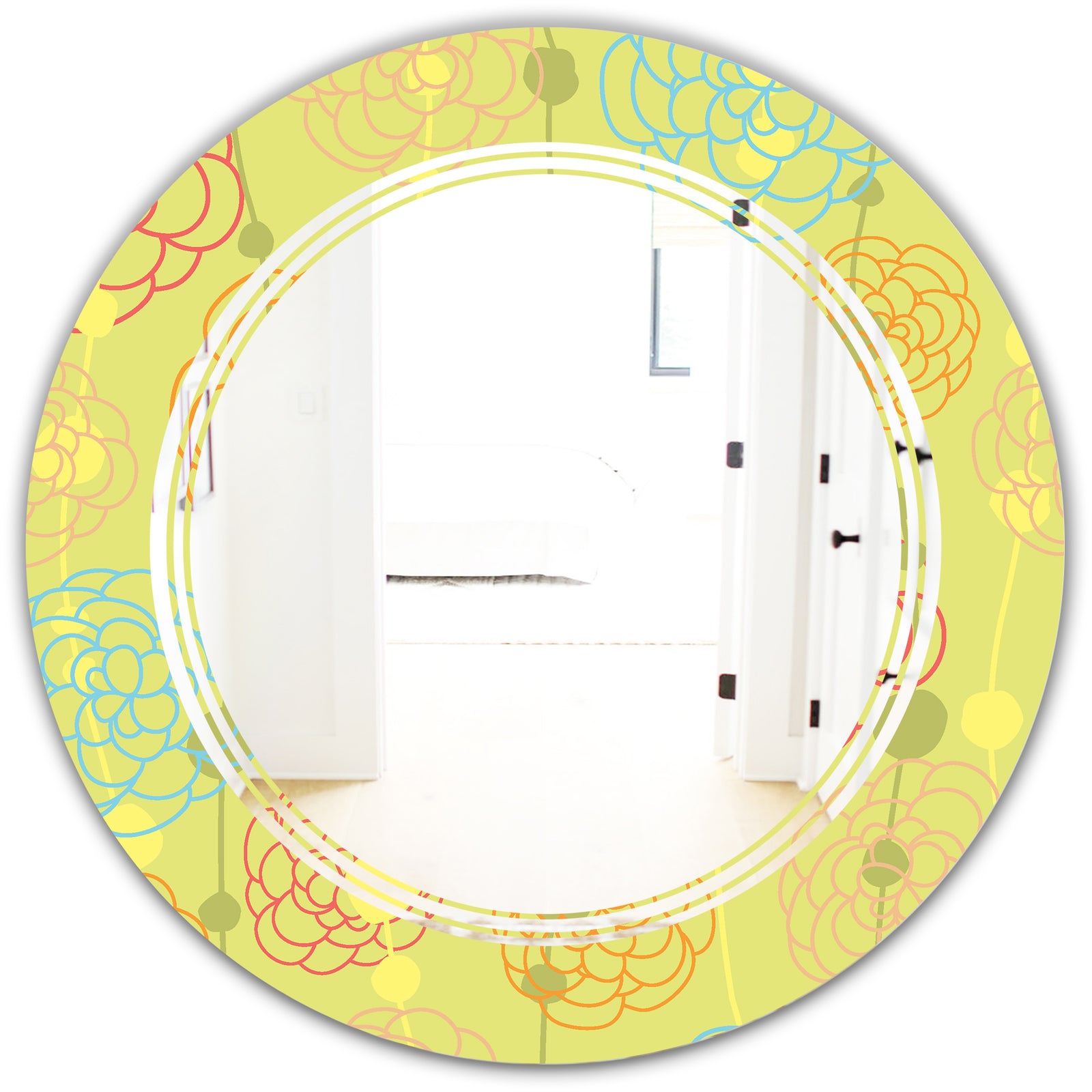Retro Handdrawn Flowers On Green Background - Modern Round or Oval Wall Mirror - Triple C