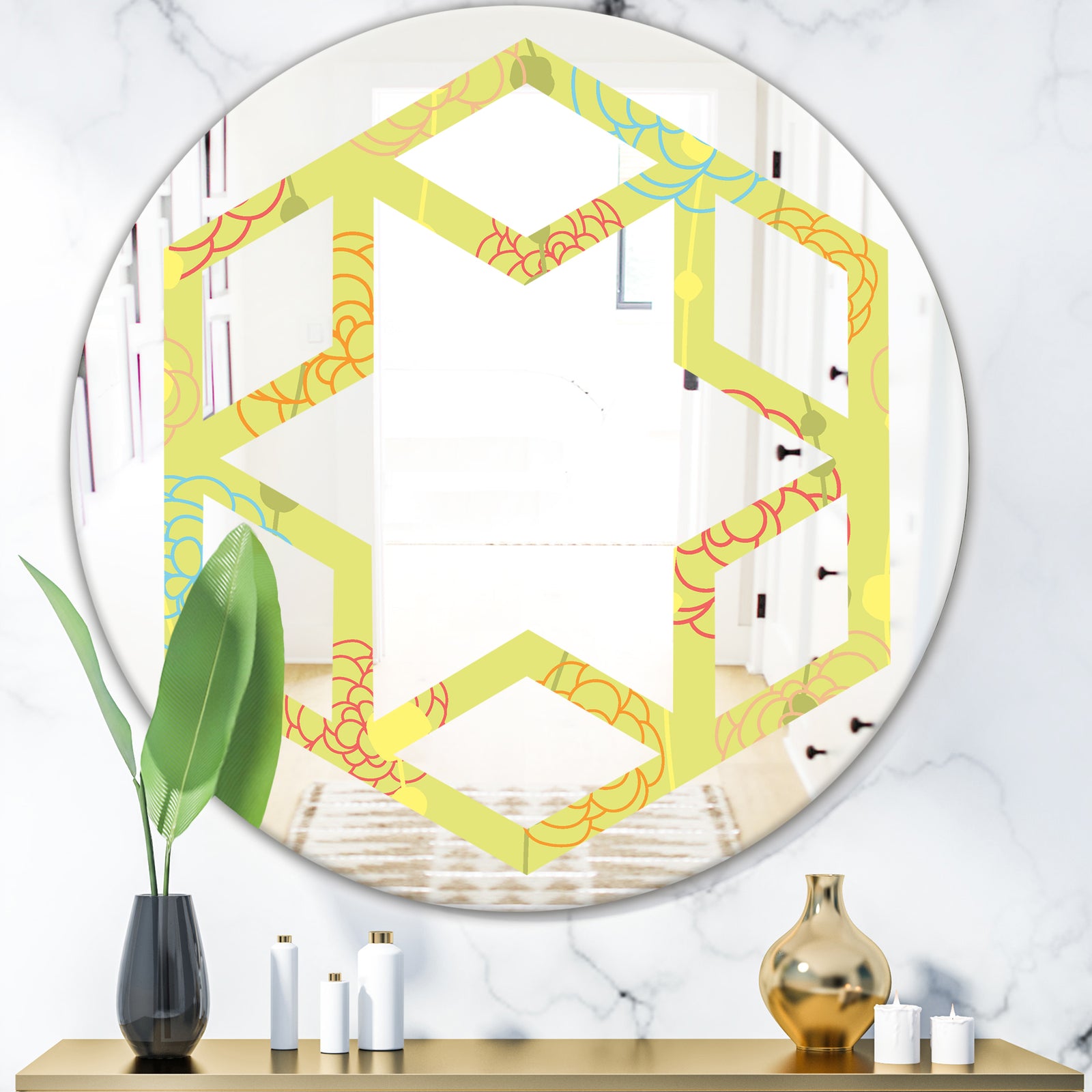 Retro Handdrawn Flowers On Green Background - Modern Round or Oval Wall Mirror - Hexagon Star