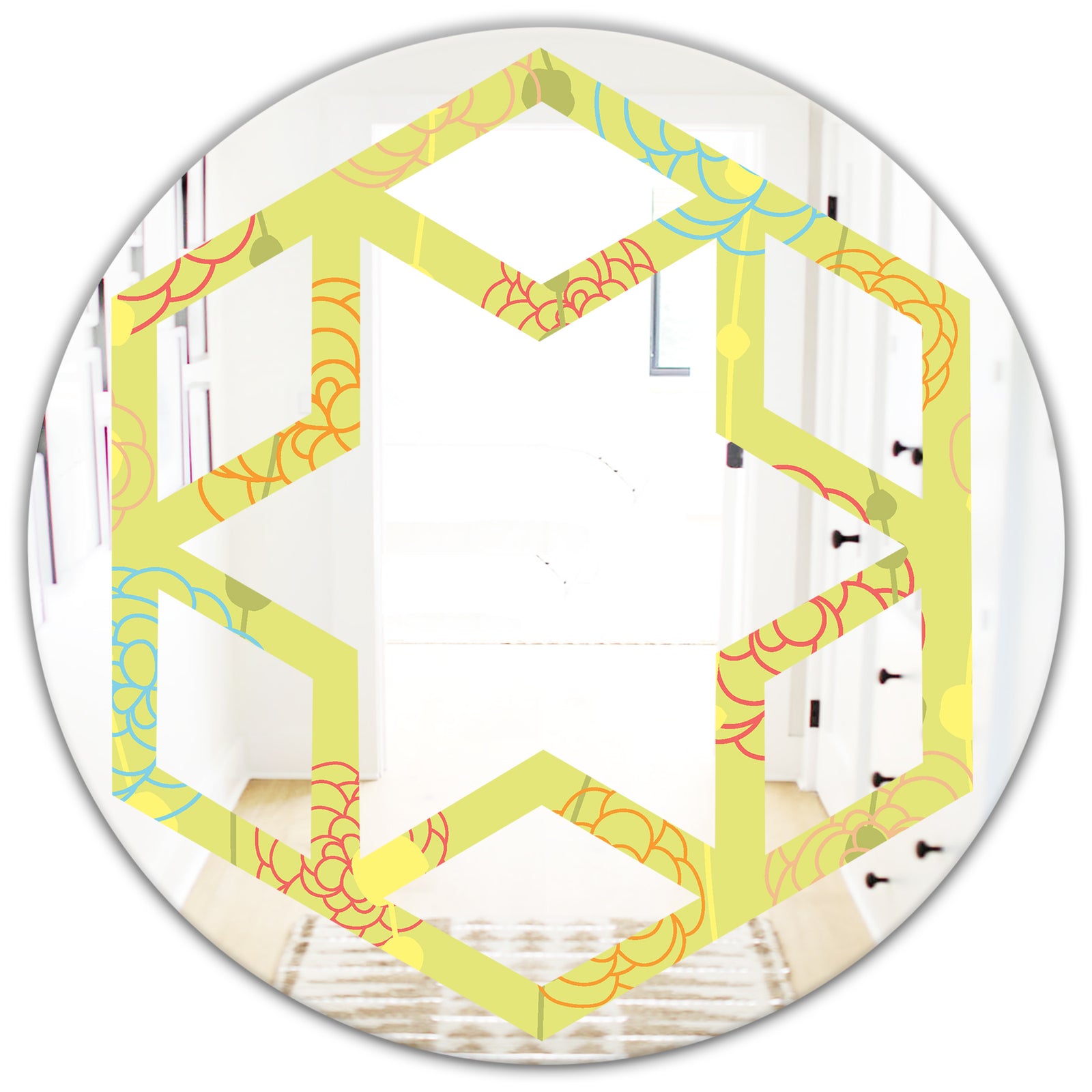 Retro Handdrawn Flowers On Green Background - Modern Round or Oval Wall Mirror - Hexagon Star