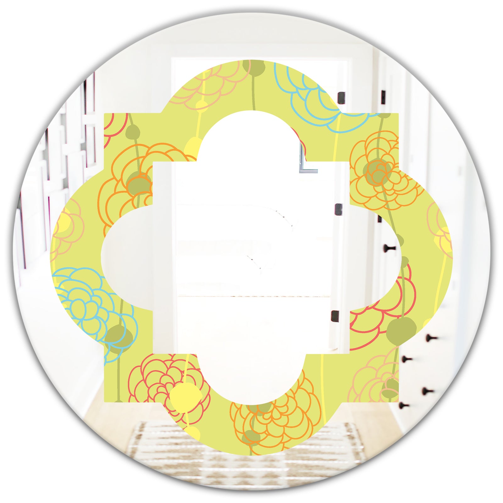 Retro Handdrawn Flowers On Green Background - Modern Round or Oval Wall Mirror - Quatrefoil