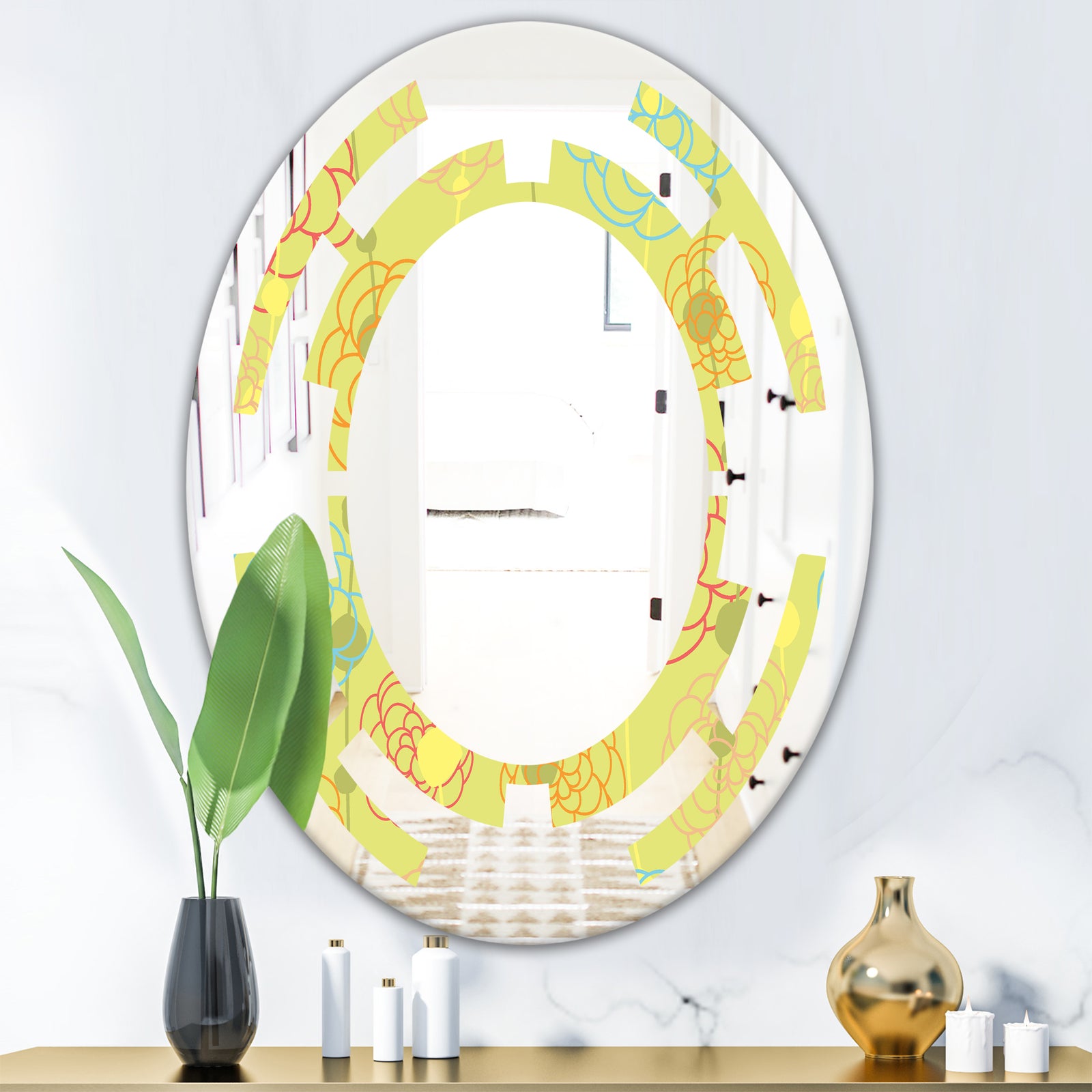 Retro Handdrawn Flowers On Green Background - Modern Round or Oval Wall Mirror - Space