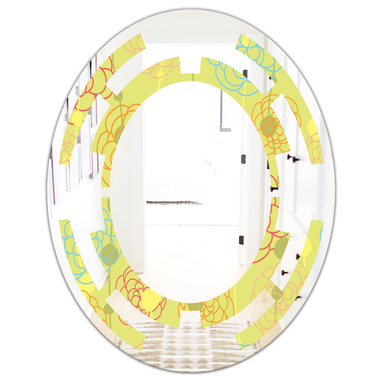Retro Handdrawn Flowers On Green Background - Modern Round or Oval Wall Mirror - Space