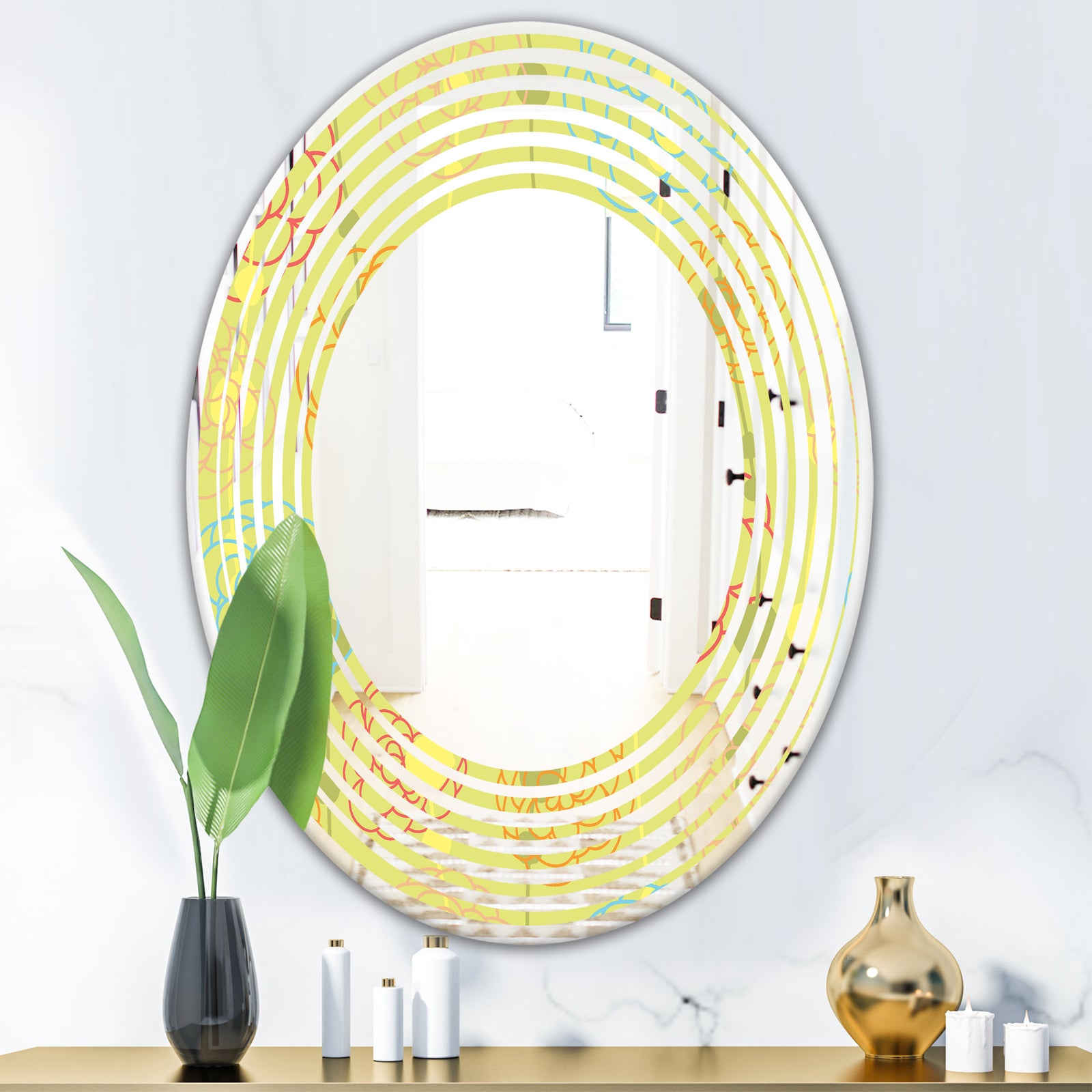 Retro Handdrawn Flowers On Green Background - Modern Round or Oval Wall Mirror - Wave
