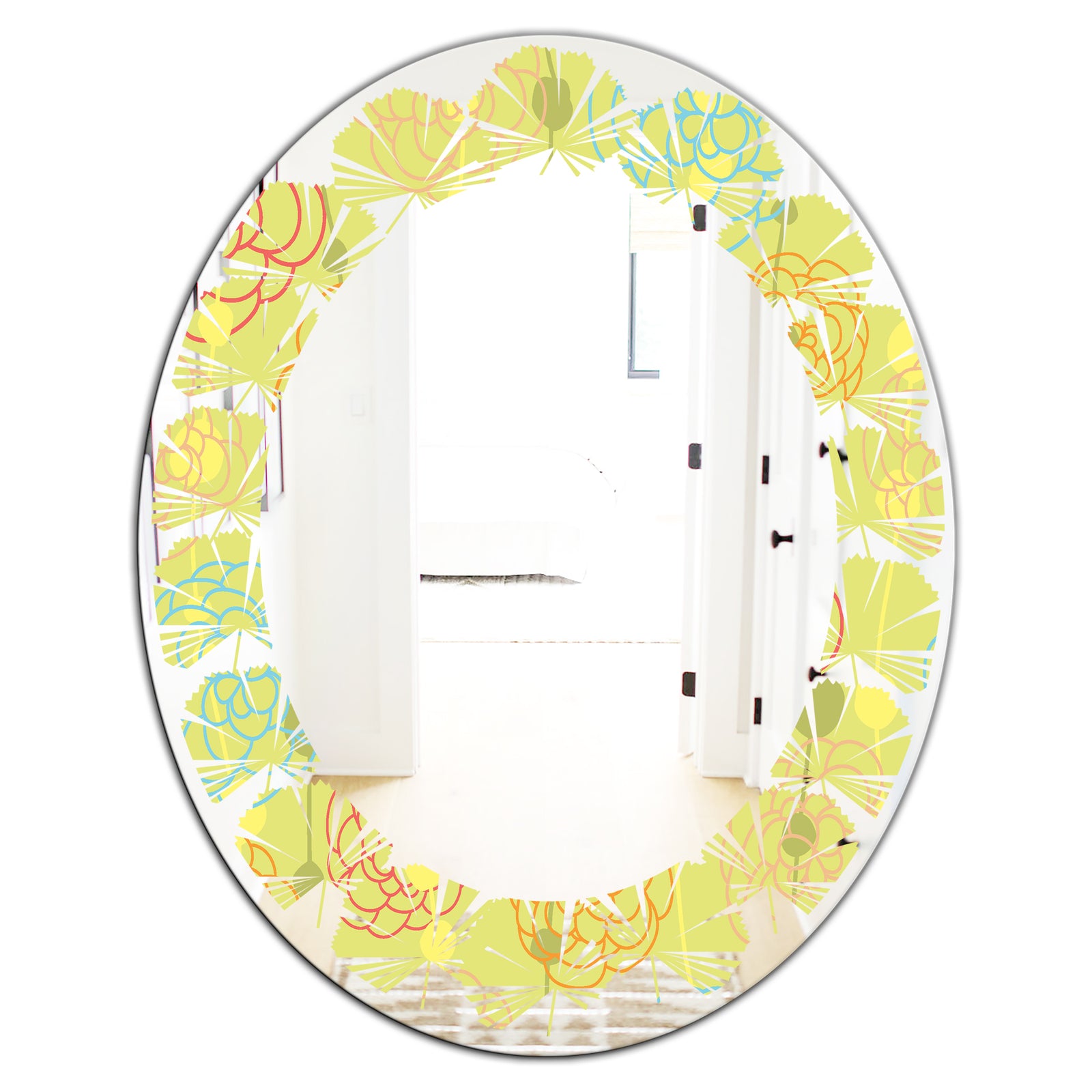 Retro Handdrawn Flowers On Green Background - Modern Round or Oval Wall Mirror - Leaves