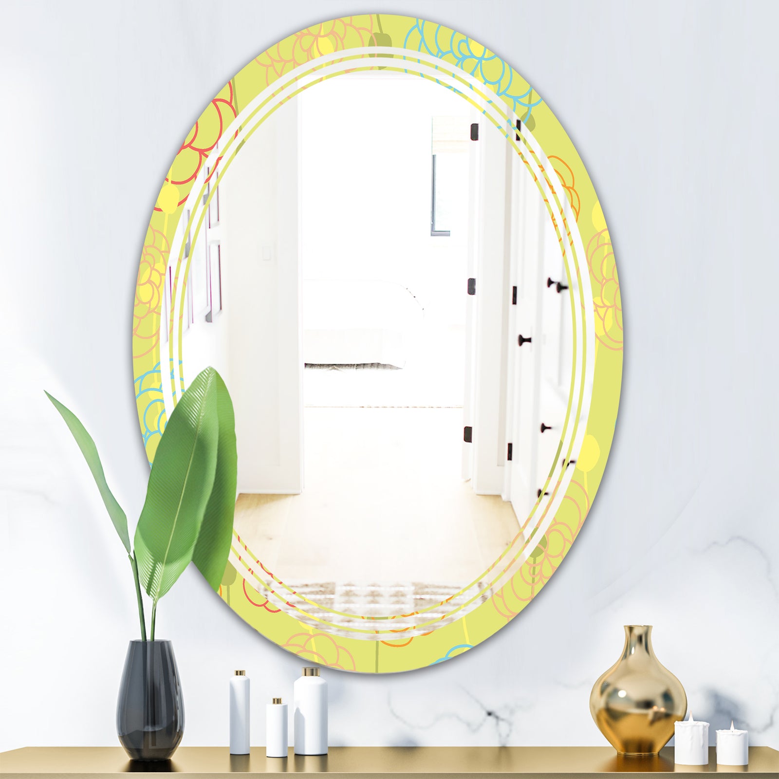 Retro Handdrawn Flowers On Green Background - Modern Round or Oval Wall Mirror - Triple C